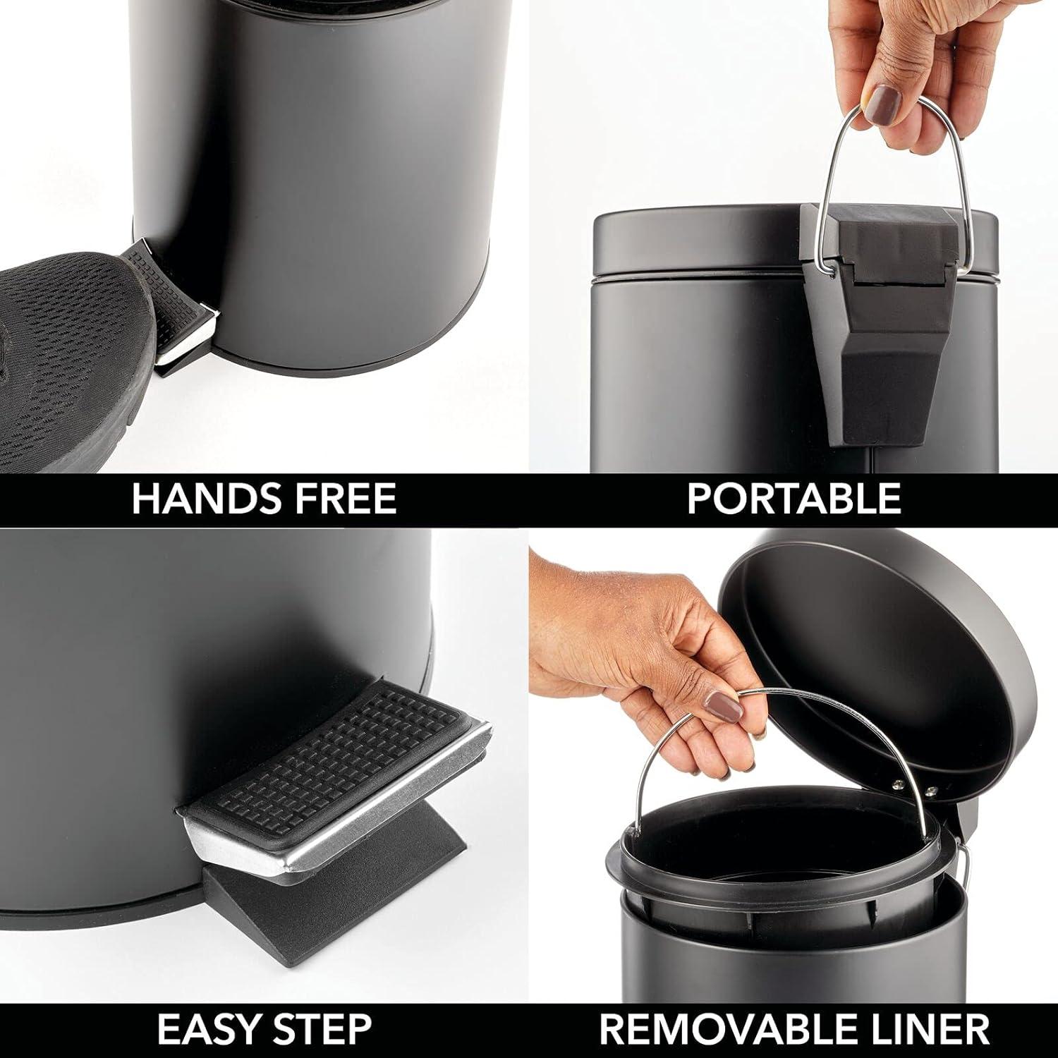 mDesign  3-Liter Round Metal Step Trash Can, Liner/Handle - Black