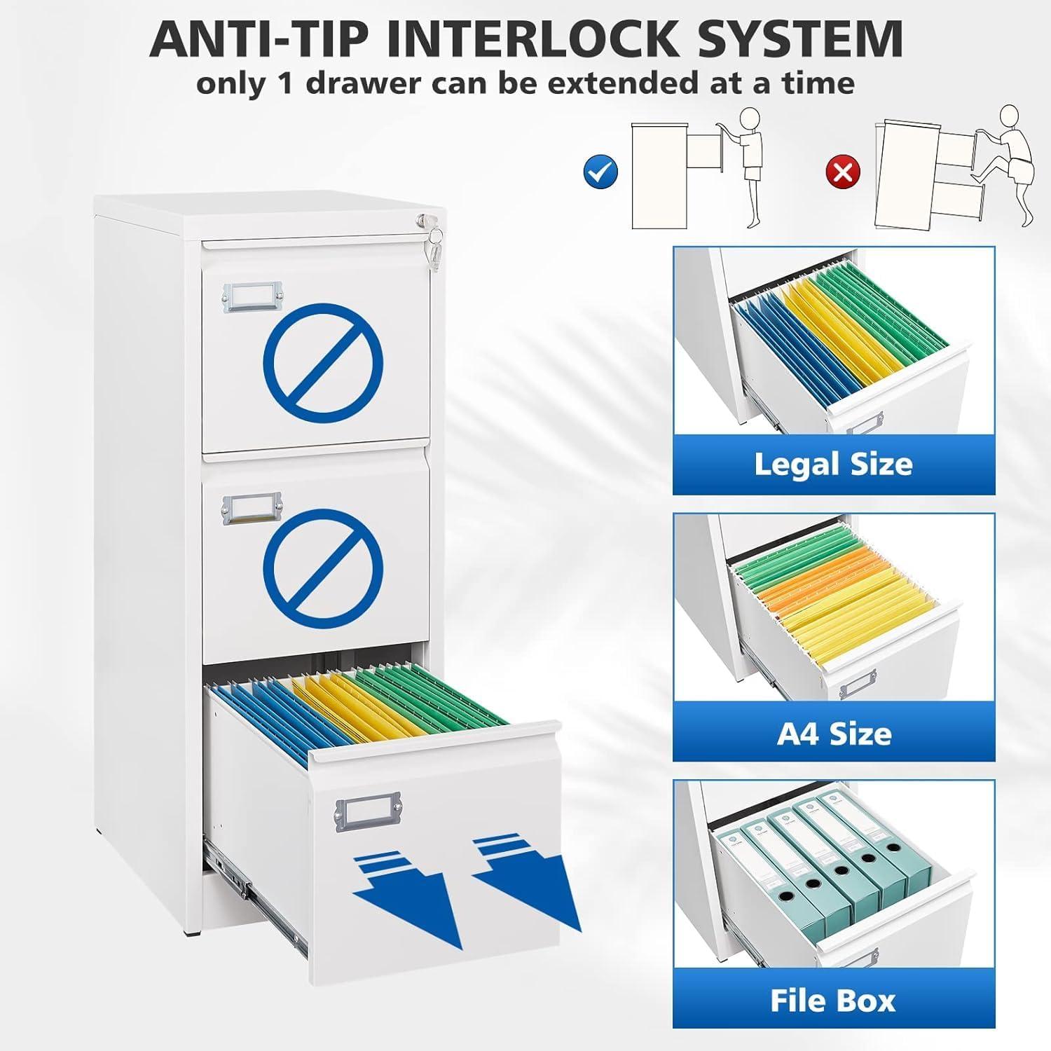3 Drawers Vertical File Cabinets - 17.8" Deep Lockable Filing Cabinet - White Metal Storage Cabinets for Home Office to Hanging Files Letter/Legal/F4/A4 Size