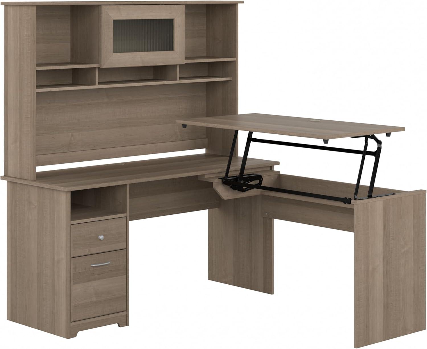 Cabot 60W Sit to Stand L Shaped Desk with Hutch in Modern Gray - Engineered Wood
