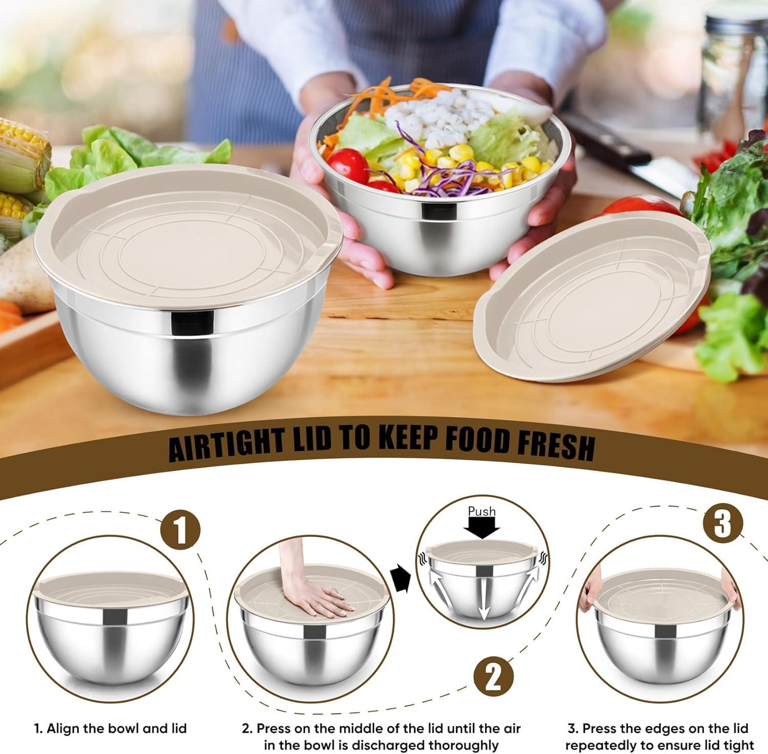 Toledo Bath & Kitchen Stainless Steel Mixing Bowls With Lids, 5-Pack Metal Nesting Bowls With Airtight Covers For Cooking, Baking, Serving, Storage, Non-Toxic & Dishwasher Safe, Size 4.6/3/1.5/1/0.7QT - Khaki