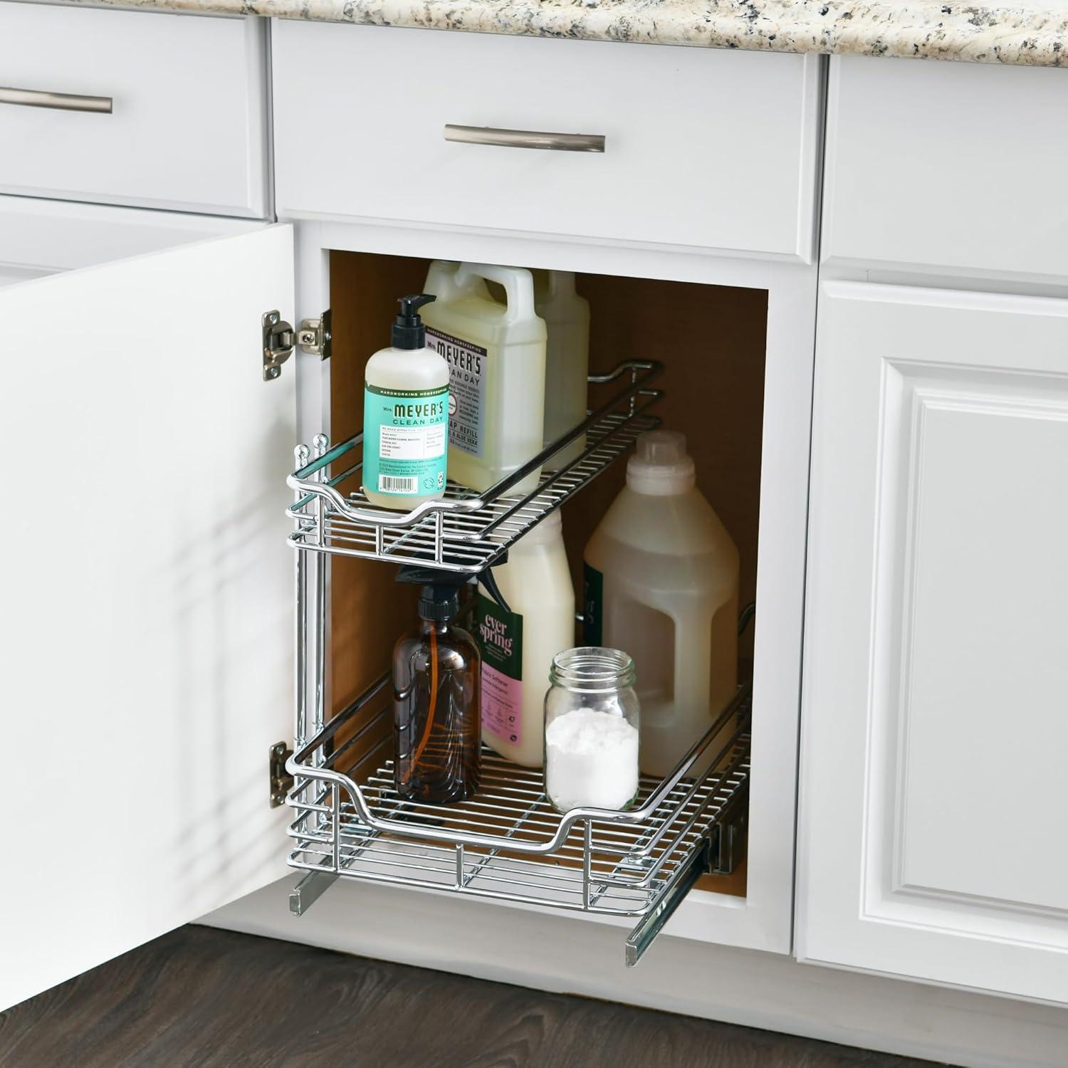 Household Essentials Glidez Multipurpose Chrome-Plated Steel Pull-Out/Slide-Out Storage Organizer  for Under Sink or Under Cabinet Use - 2-Tier Design - Fits Standard Size Cabinet or Shelf, Chrome