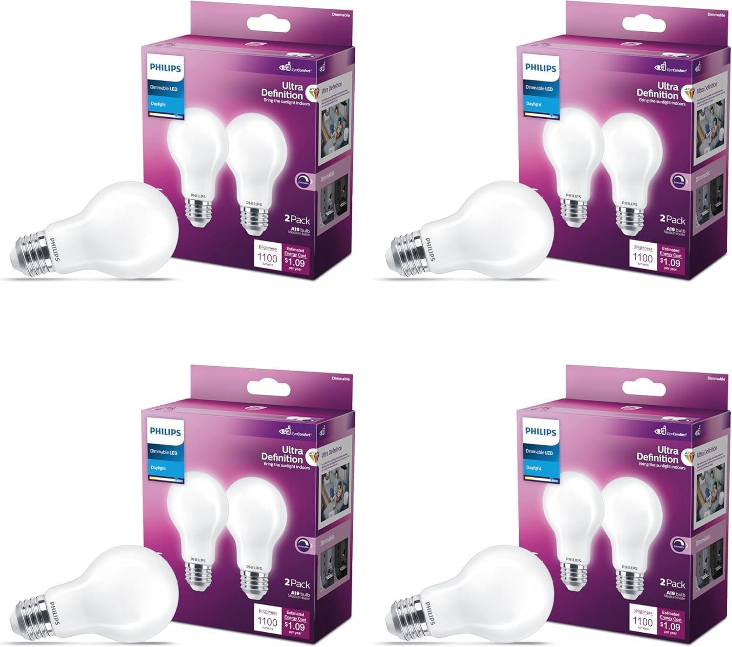 Philips UltraDef LED 60W Frosted Daylight A19 4P: Energy Star Certified Dimmable Light Bulbs, 800 Lumens, 13.7-Year Life