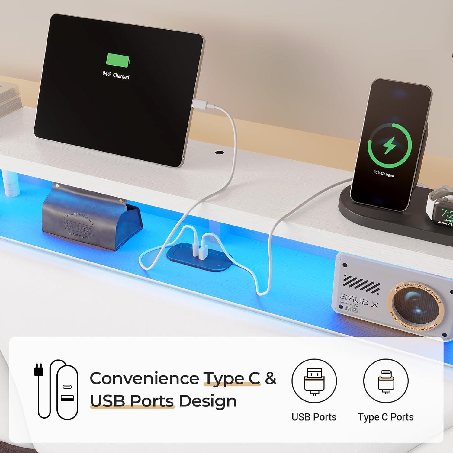 Queen Size Floating Bed Frame with Led Lights&Charging Stations, Faux Leather Upholstered Platform Bed with Storage Headboard, No Box Spring Needed, White