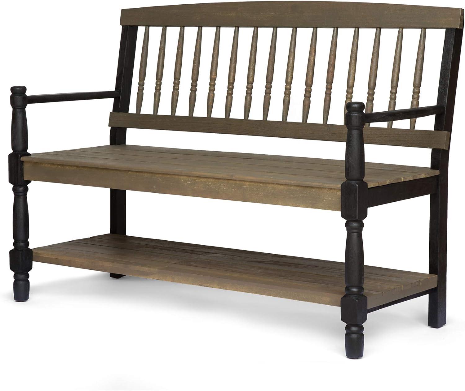 Eddie Rustic Gray Acacia Wood Bench with Spindle Backrest and Shelf