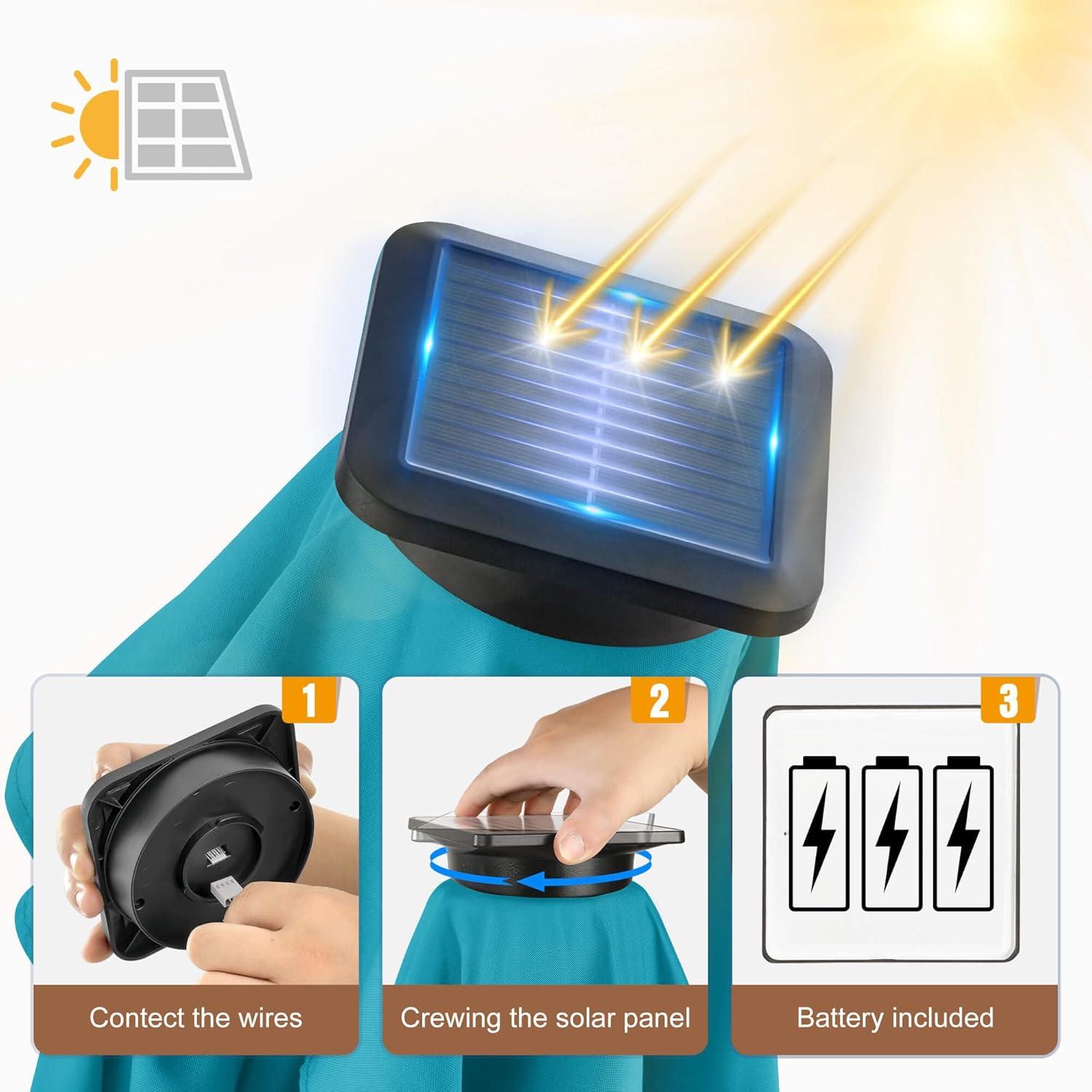 FLAME&SHADE 9 ft Half Round Solar Powered Outdoor Market Patio Table Umbrella for Wall Balcony with LED Lights and Tilt, Aqua Blue