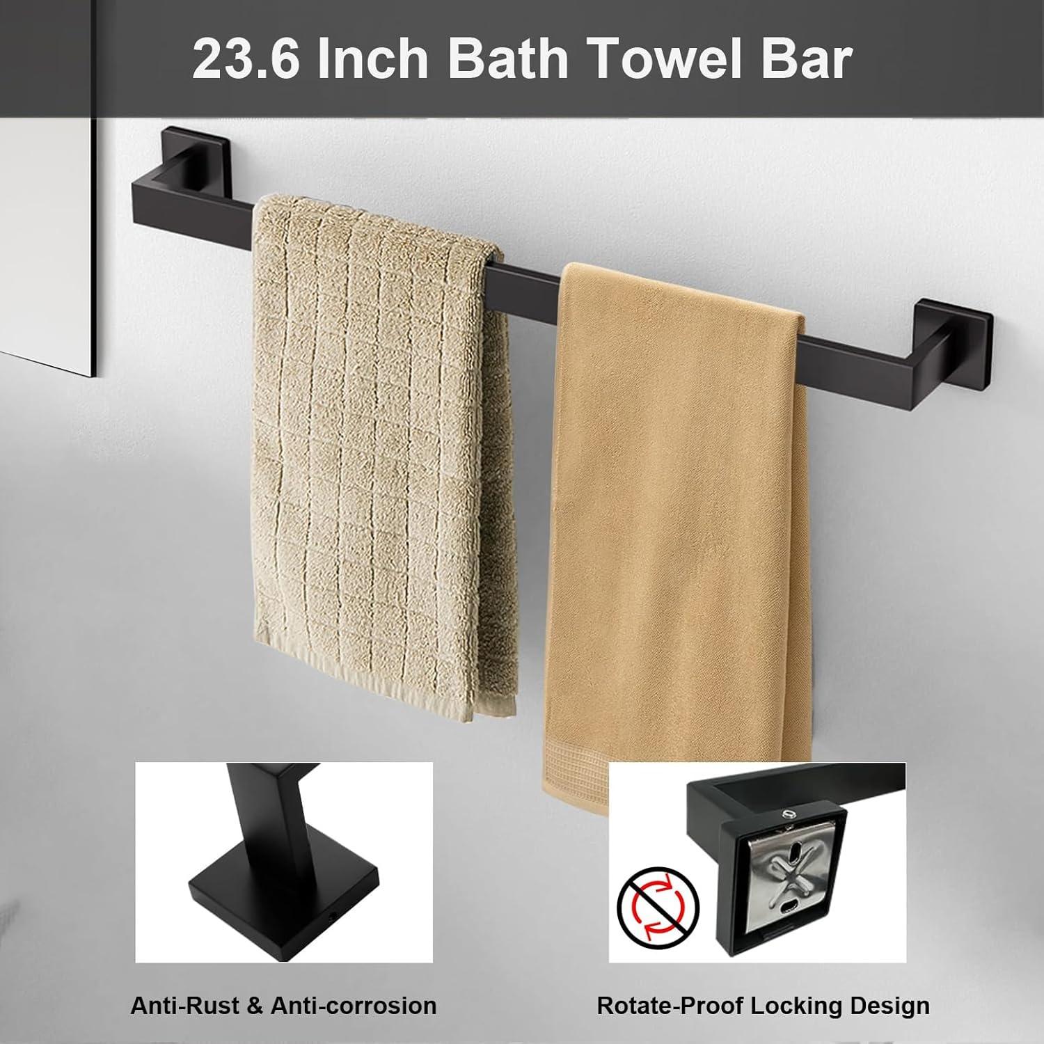 5 Pieces Square Matte Black Stainless Steel Bathroom Accessories Set Include 23.6 in Towel Bar, Toilet Paper Holder, Towel Ring, 2 Robe Towel Hooks