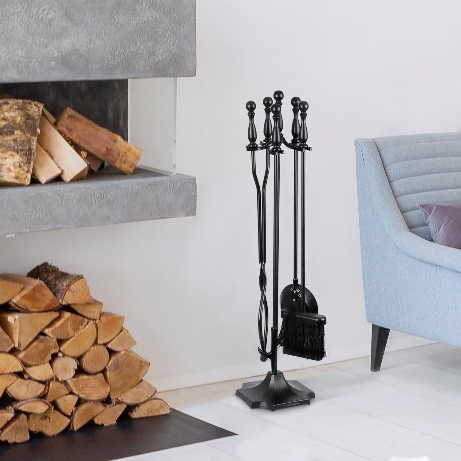 Barton 5pcs Rustic Fireplace Tools Set Hearth Iron Poker Wood Stove Log Tongs Holder Brush Set