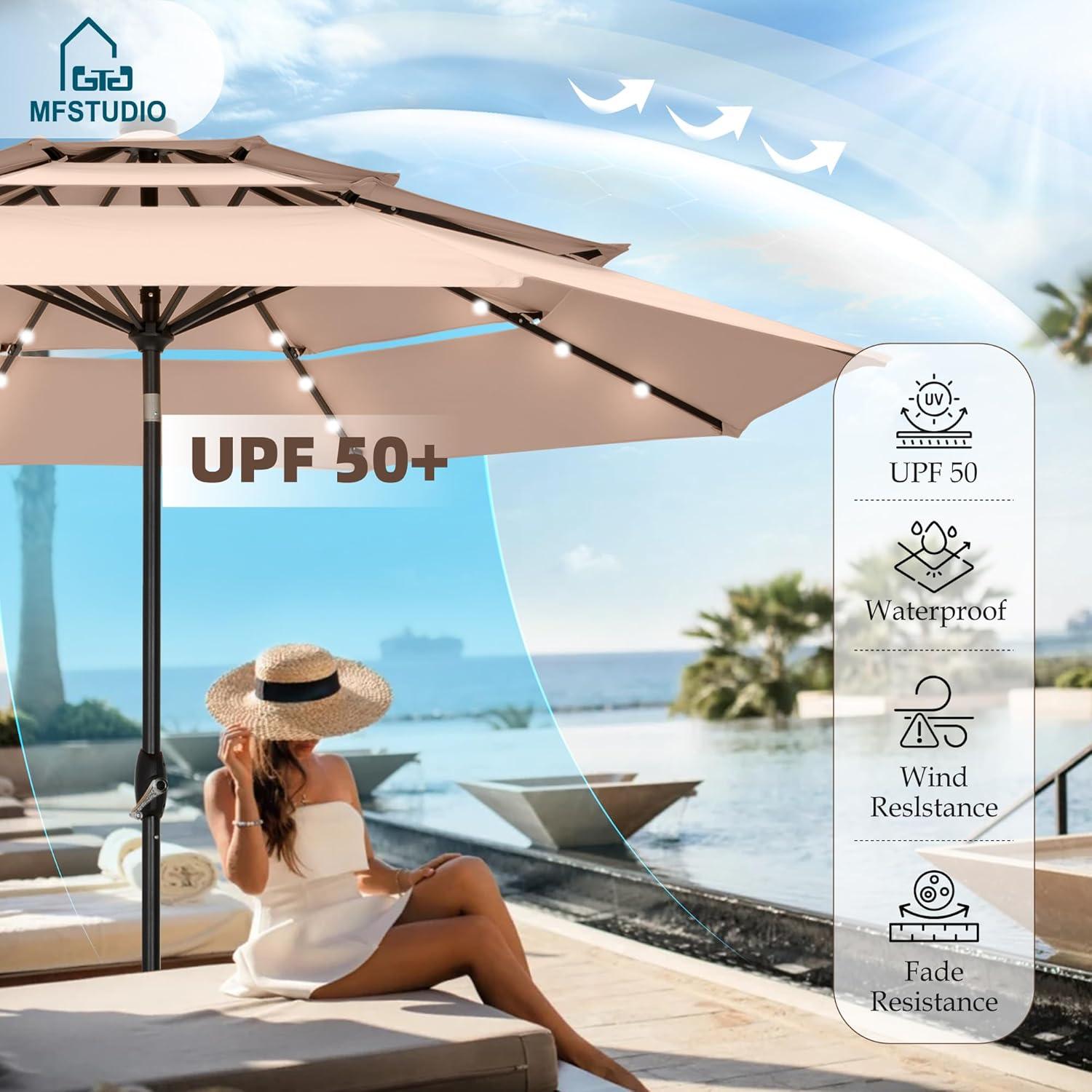 10ft Orange Red Polyester 3-Tier Vented Patio Umbrella with Auto-Tilt