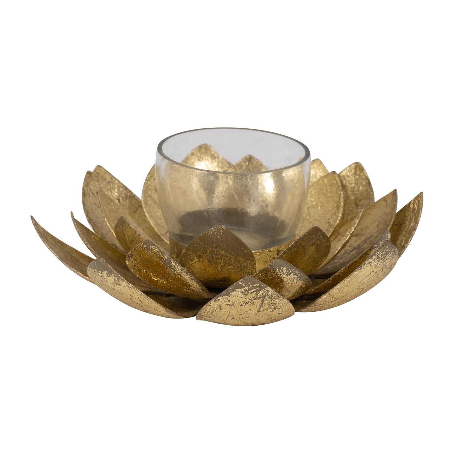 Sagebrook Home 8" Lotus Candle Holder - Contemporary Gold Metal Decorative Votive Candle Holder for Home or Event Decor - Decorative Lotus Candle