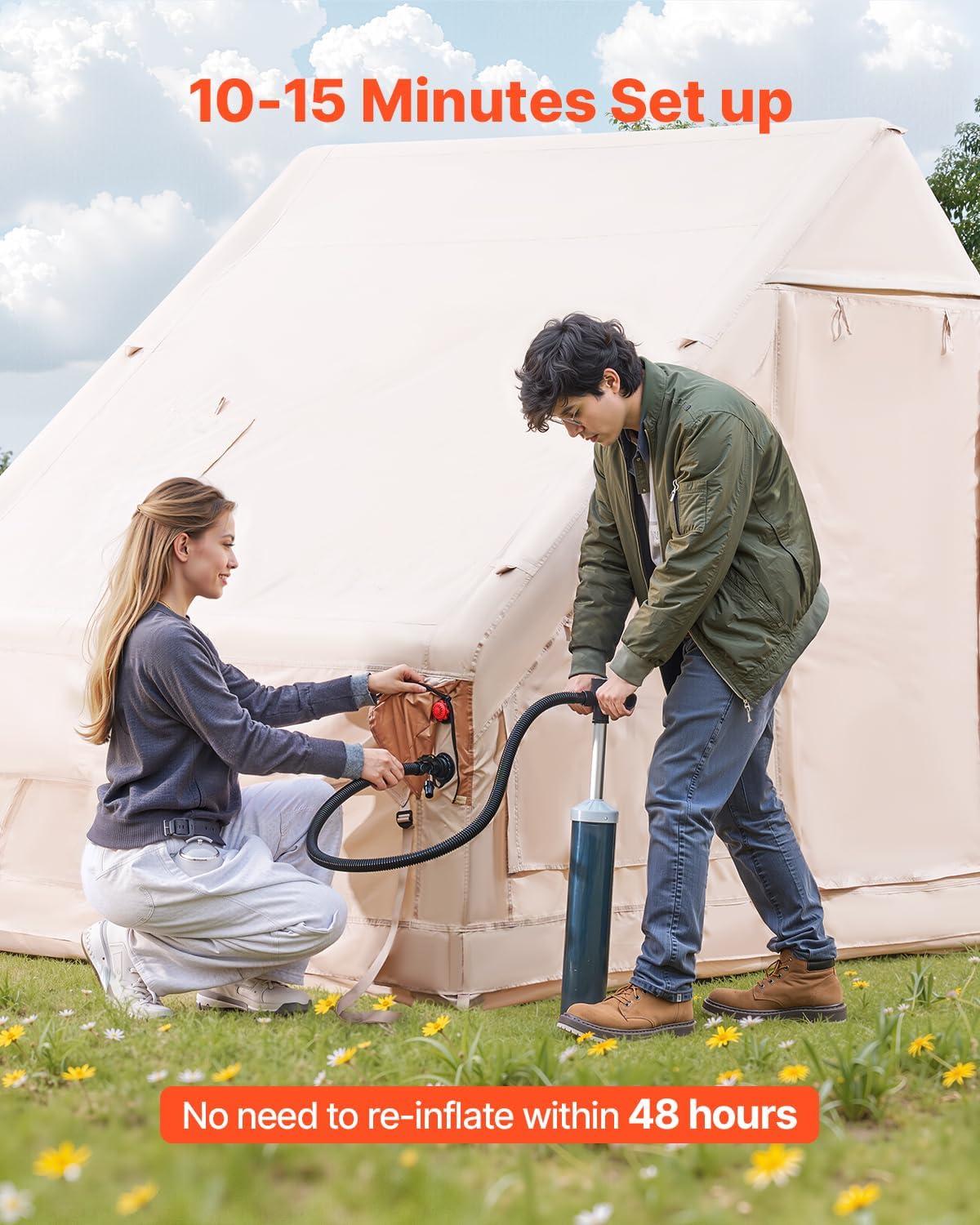 VEVOR Inflatable Tents for Camping, 4-6 Person Easy Setup Blow up Tent with Hand Pump,300D Oxford 4 Season Glamping Tent with Stove Jack 2 Doors & 4 Mesh Windows,Storage Bag Included for Easy Taking
