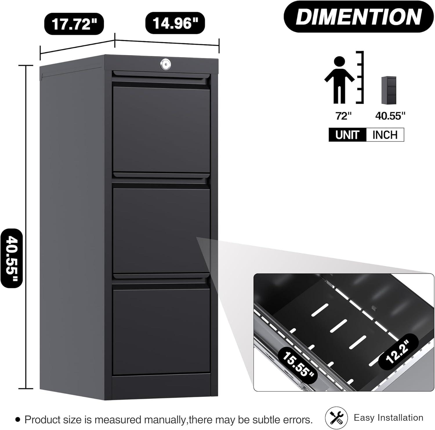 3 Drawer File Cabinet with Lock Metal Vertical File Cabinet Office Home Narrow File Cabinet for A4 Legal/Letter Size,Assembly Required (Black, 3 Drawers-Vertical)