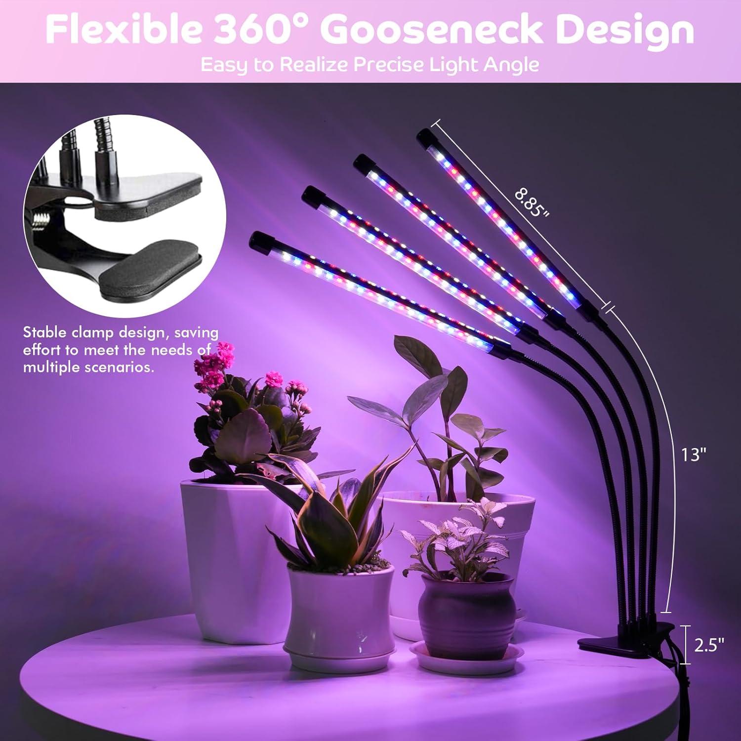 Shyineyou Grow Lights for Indoor Plants Full Spectrum, 80 LEDs Plant Light for Indoor Plants with 3/9/12H Timer, 4 Heads Clip On Plant Grow Light with 3 Modes, 20%-100%