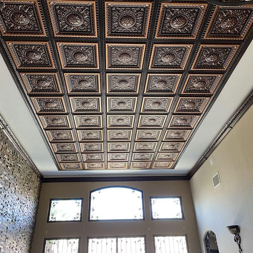uDecor Marseille 24'' W Textured PVC Drop-In Ceiling Tile In Antique Gold (Set of 10)