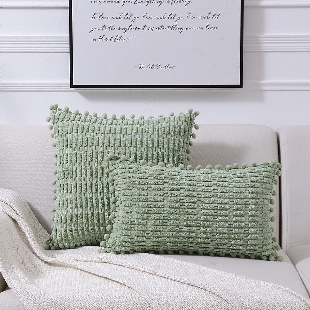 Fymlhomi 2 Packs Sage Green Decorative Throw Pillow Covers 18x18 Inch for Couch Bed Sofa, Modern Farmhouse Boho Home Decor, Soft Cute Plush Corduroy Cushion Case 45x45 CM