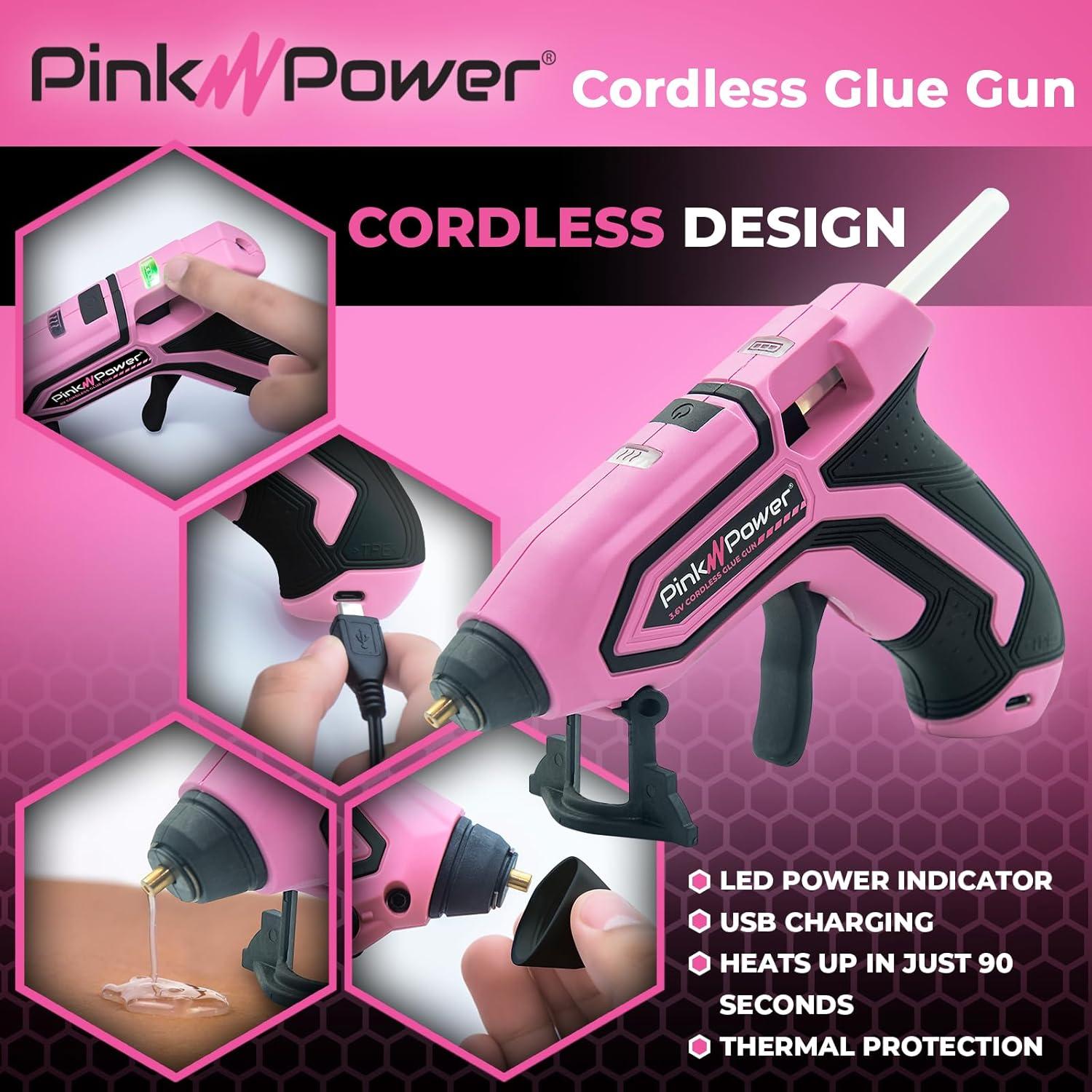 Pink Power Cordless Mini Hot Glue Gun with Stand - USB Rechargeable Wireless Hot Melt Glue Gun Kit with 20 Glue Sticks - Battery Operated Cordless Glue Gun for Crafts - Portable Pink Hot Glue Gun