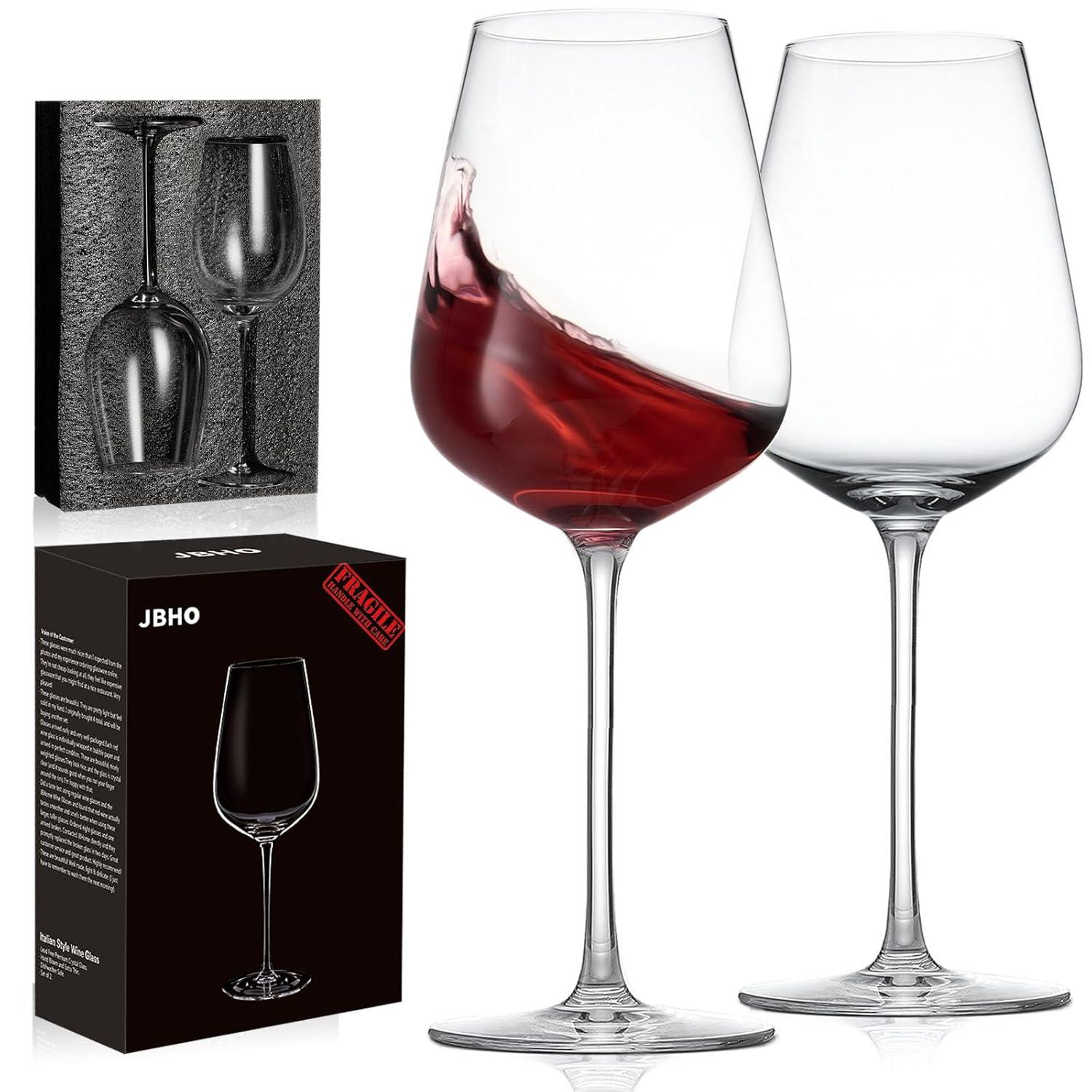 JBHO Hand Blown Italian Style Crystal Bordeaux Wine Glasses - Great Gift Packaging - Red Wine Glasses Lead-Free Premium Crystal Clear Glass - Set of 2-18 Ounce