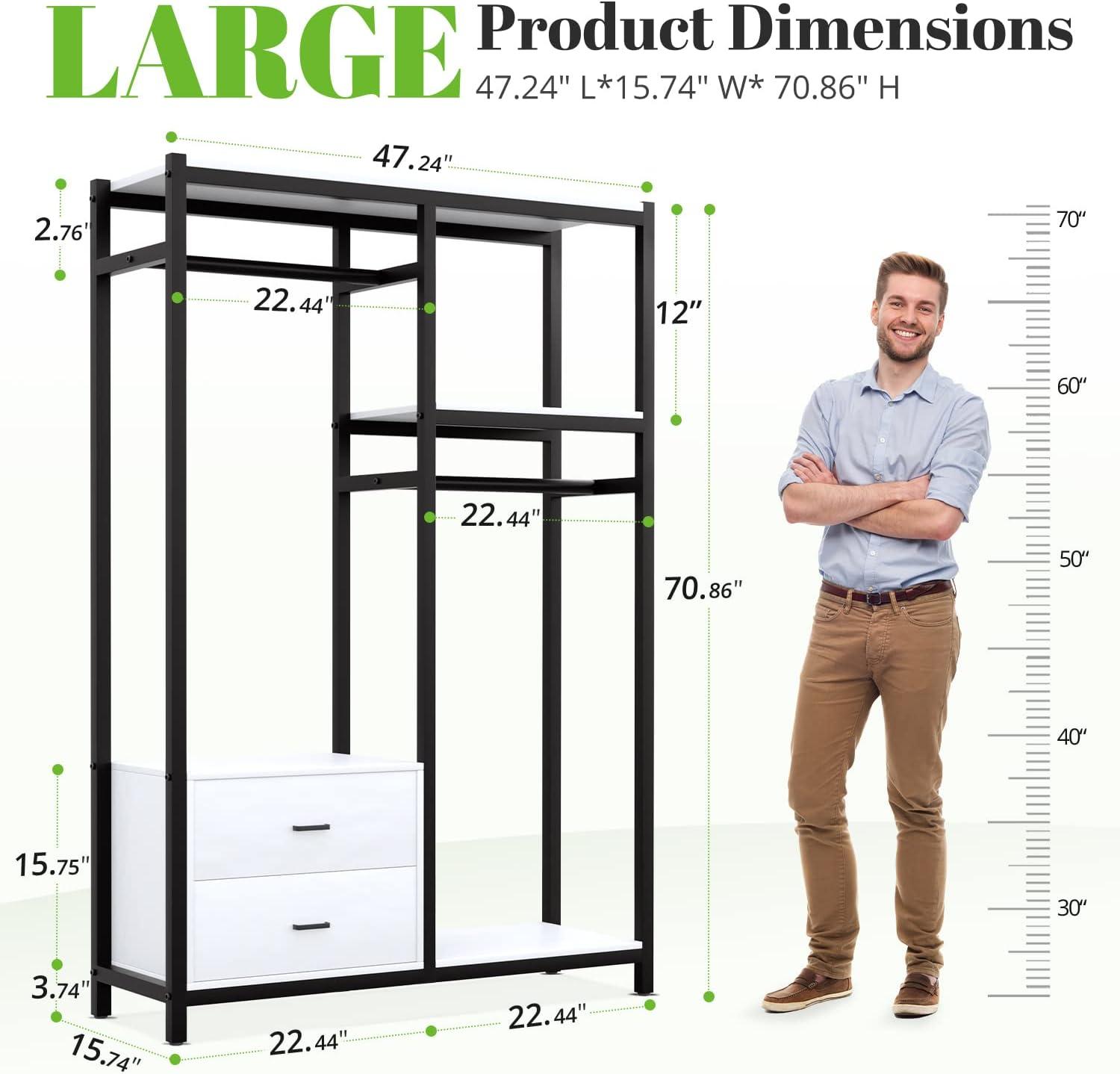 HOKEEPER 650lbs Freestanding Closet Organizer with Drawers and Shelves Heavy Duty Metal Wardrobe Closet Storage Shelves for Hanging Clothes Clothing Garment Rack Closet with Shelves for Bedroom White