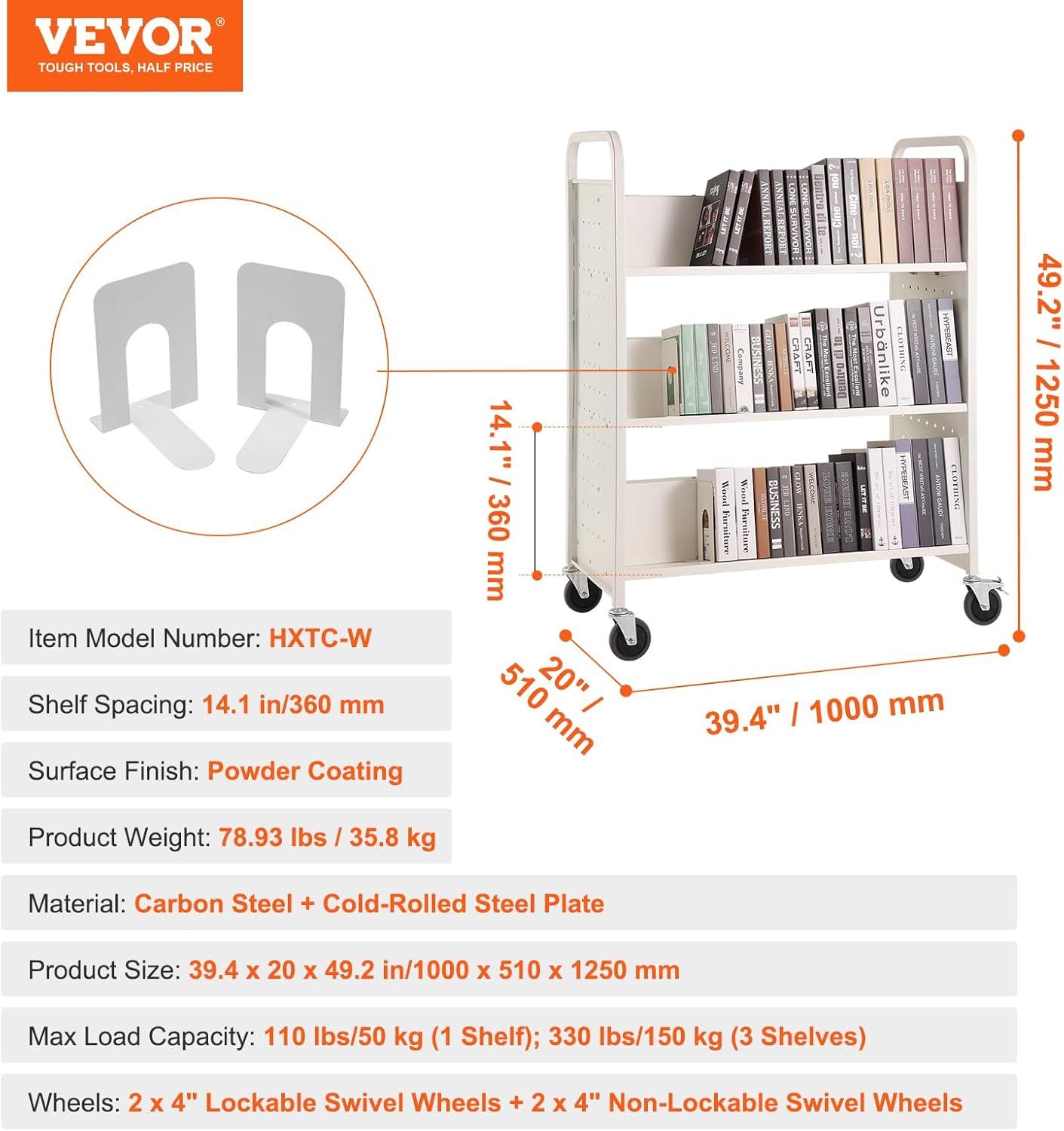 White Double-Sided Rolling Book Cart with Lockable Wheels