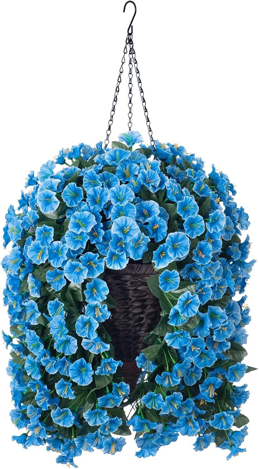 Artificial Hanging Flowers in Basket Fake Plant for Outside, Silk Pink Morning Glory Flower Arrangement for Outdoor Decor, UV Resistant Realistic Floral Planter for Porch Patio Balcony