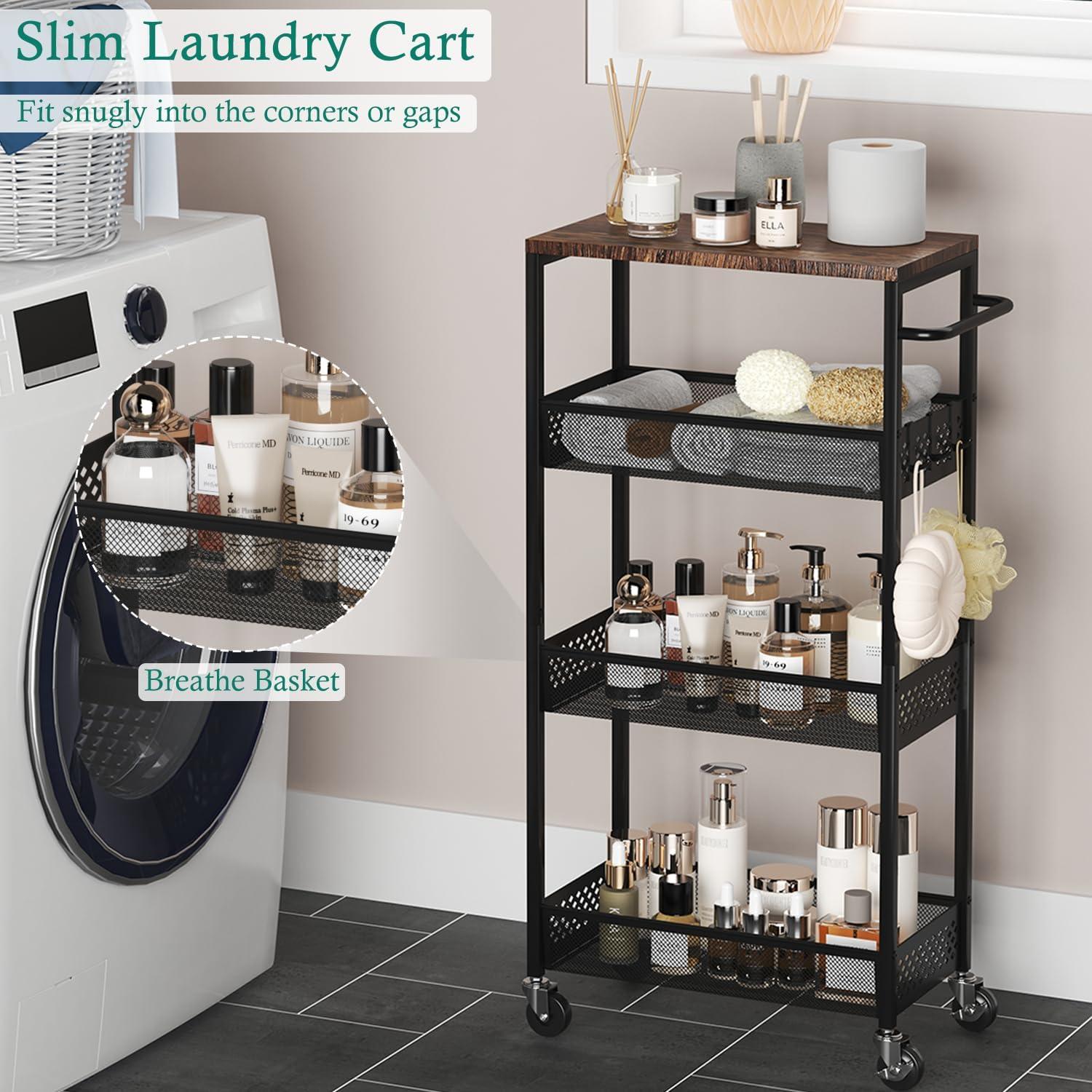 Slim Black Metal and Wood 4-Tier Rolling Kitchen Cart