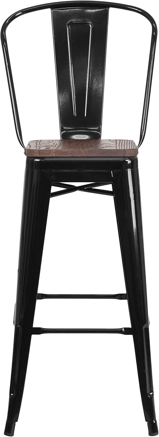 Emma and Oliver 30"H Blue Metal Barstool with Back and Wood Seat