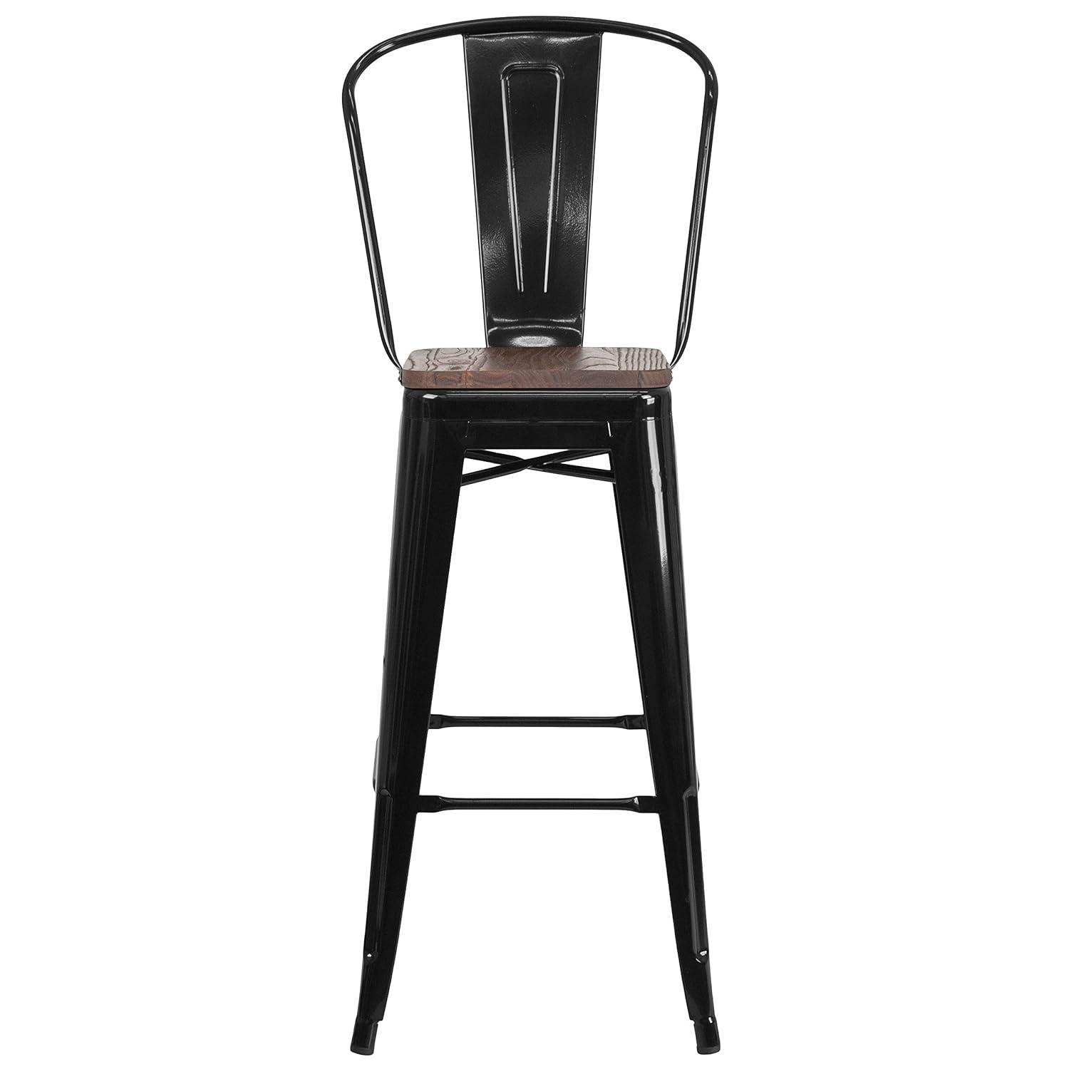 Emma and Oliver 30"H Blue Metal Barstool with Back and Wood Seat