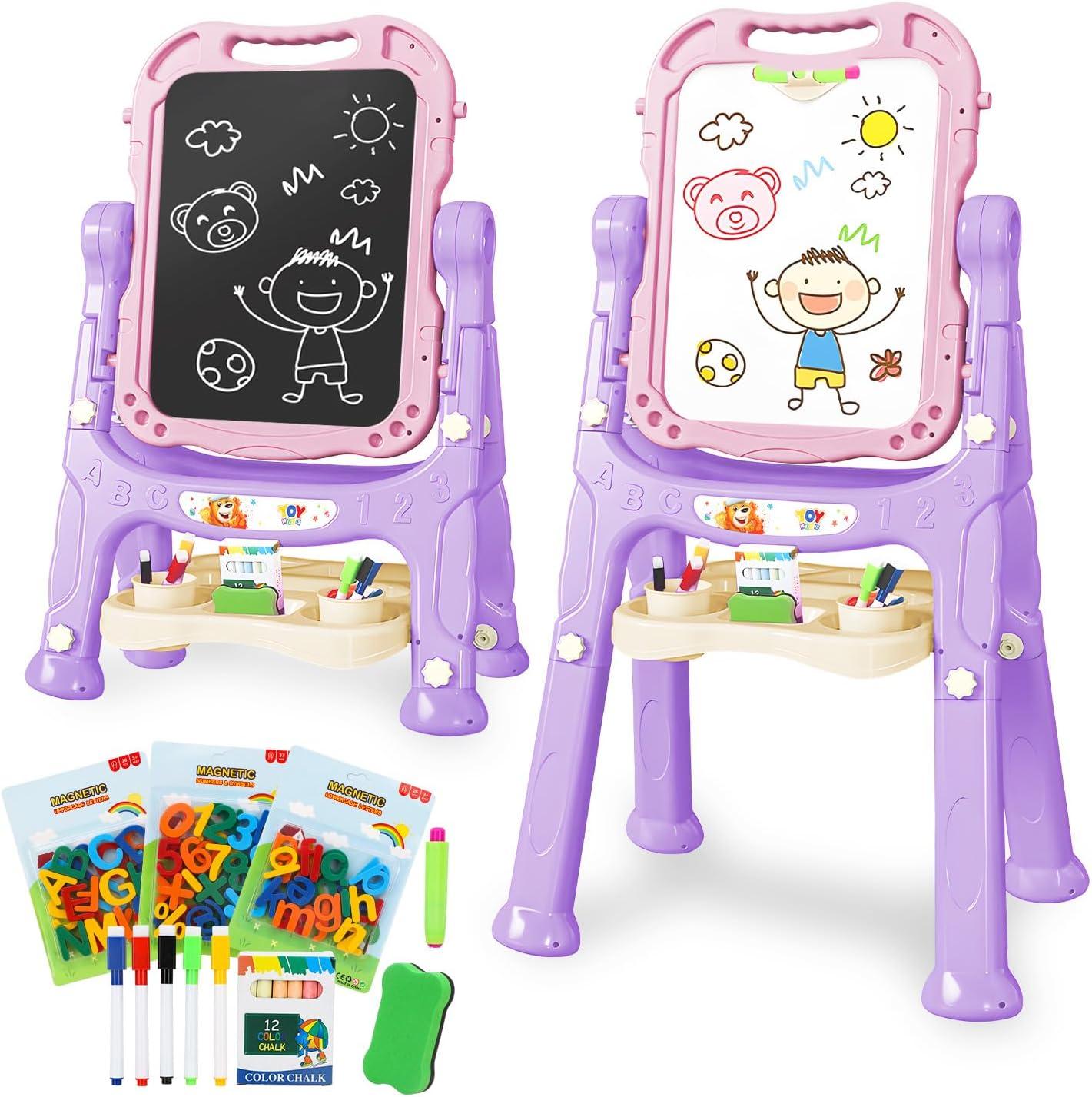 Easel for Kids, Adjustable Standing Art Easel for Toddler, Double Magnetic Drawing Board with Painting Accessories, Birthday Christmas Gift for Little Boys and Girls,  Pink