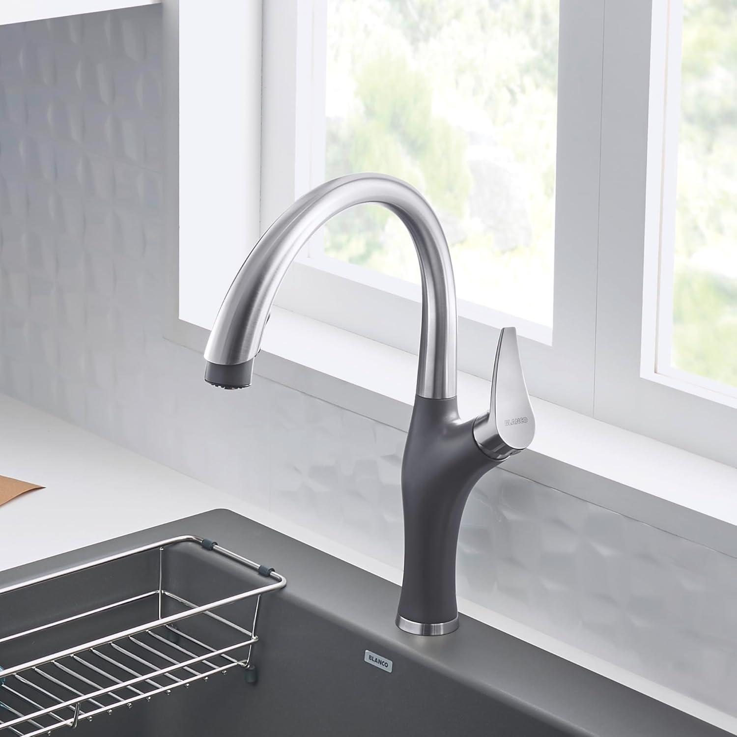 Stainless Steel and Gray Pull-Down Spray Kitchen Faucet