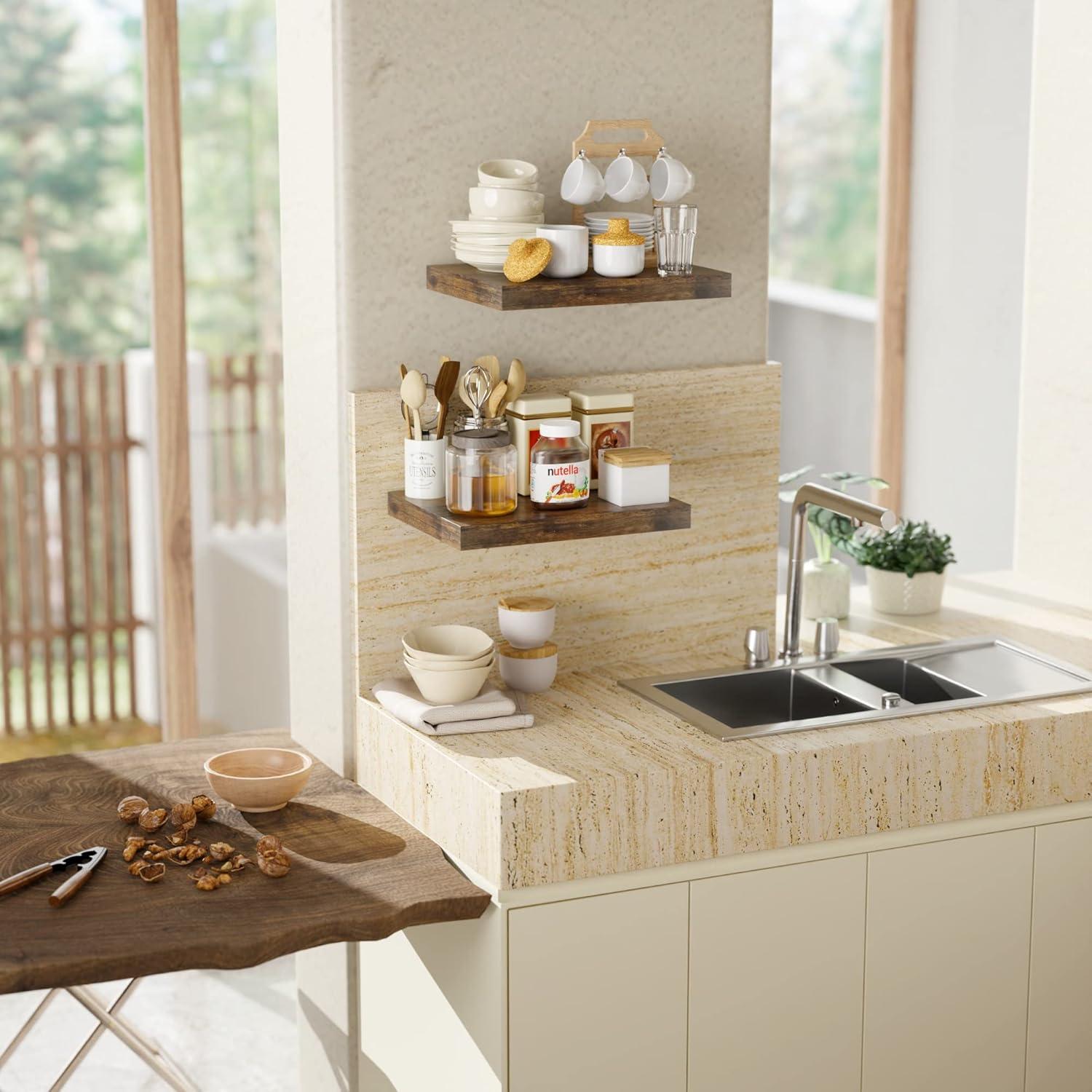 Rustic Brown 12 Inch Deep Floating Shelves for Wall - Set of 2, Wood Shelving Live Edge Shelves Display for Storage, Bathroom & Living Room, Bedroom, Kitchen, Office