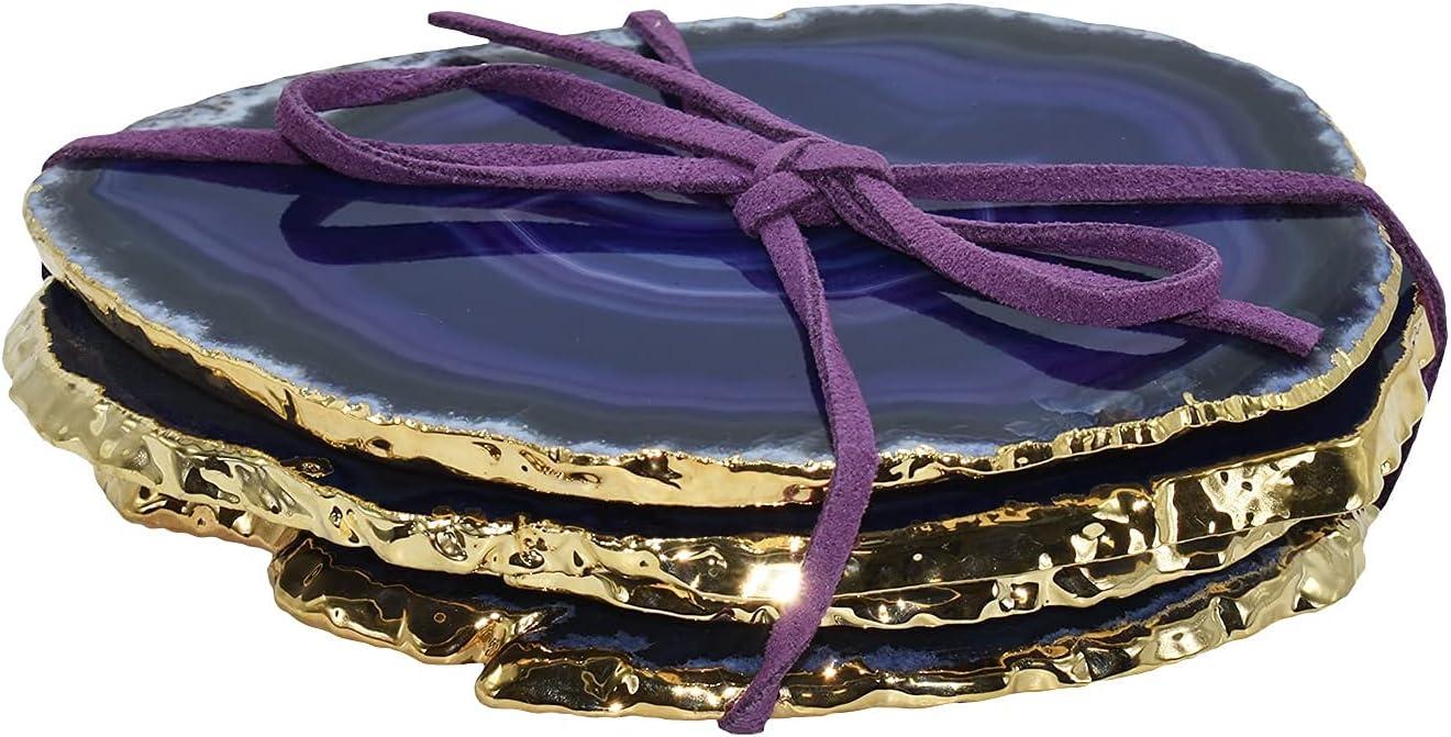 Purple and Gold Rimmed Round Agate Stone Coasters Set