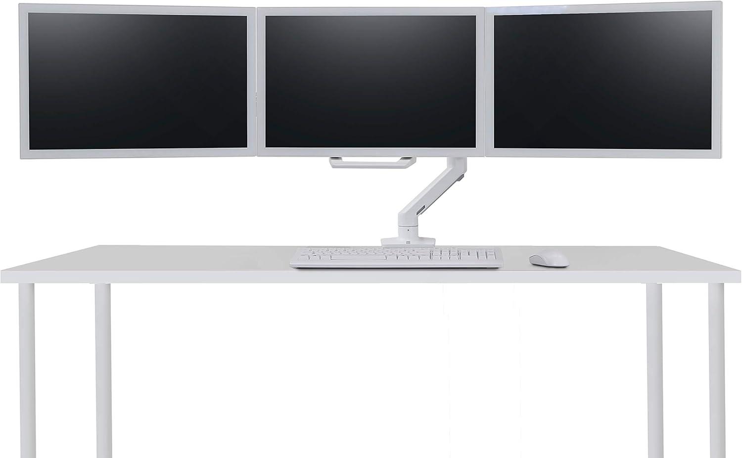 White Triple Monitor Arm Mount with Integrated Cable Management