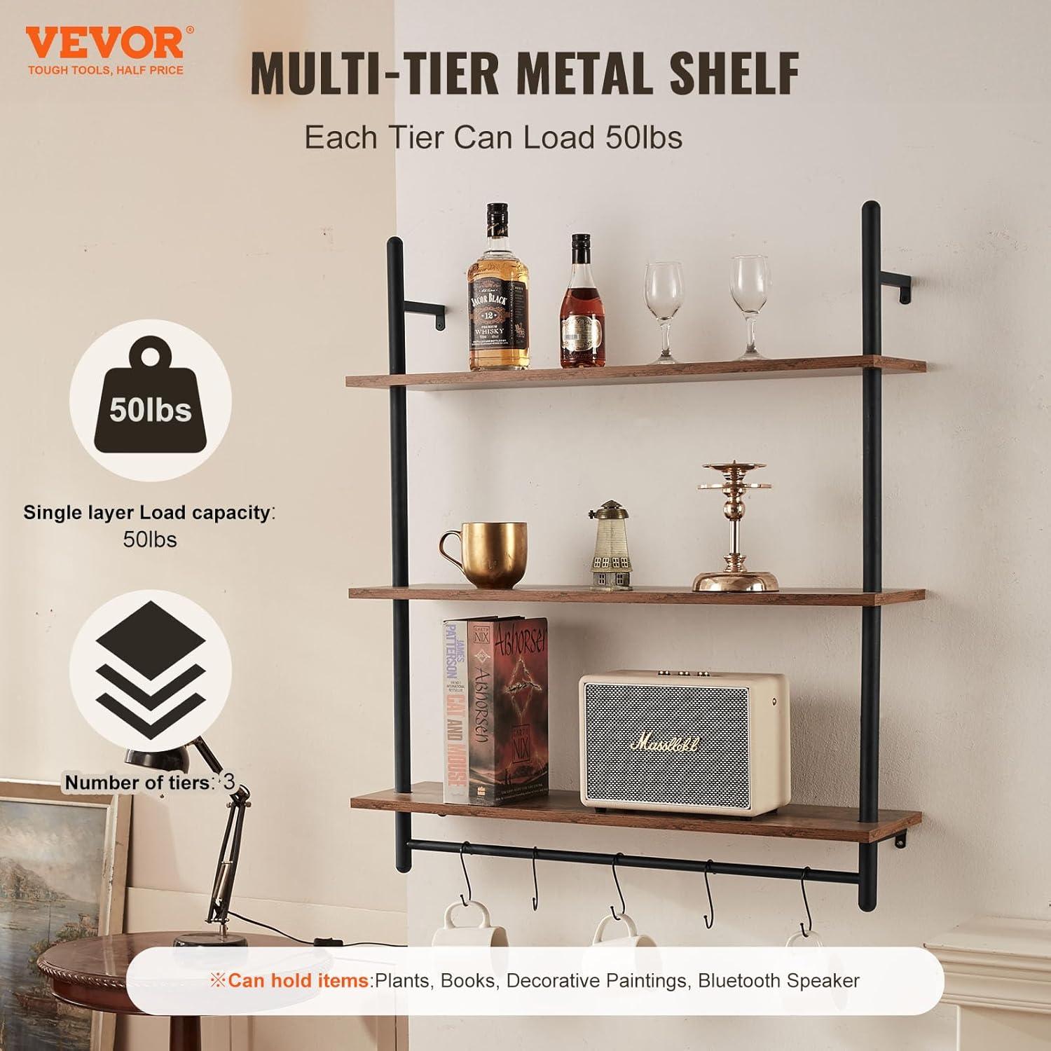 VEVOR Industrial Pipe Shelf, 3 Tier 32x9.84in, Wall-Mount Floating Rustic Wood Shelves Bracket Display Bookshelf, Storage Rack Sundries Holder for Kitchen Bedroom Bathroom Living Room, Black