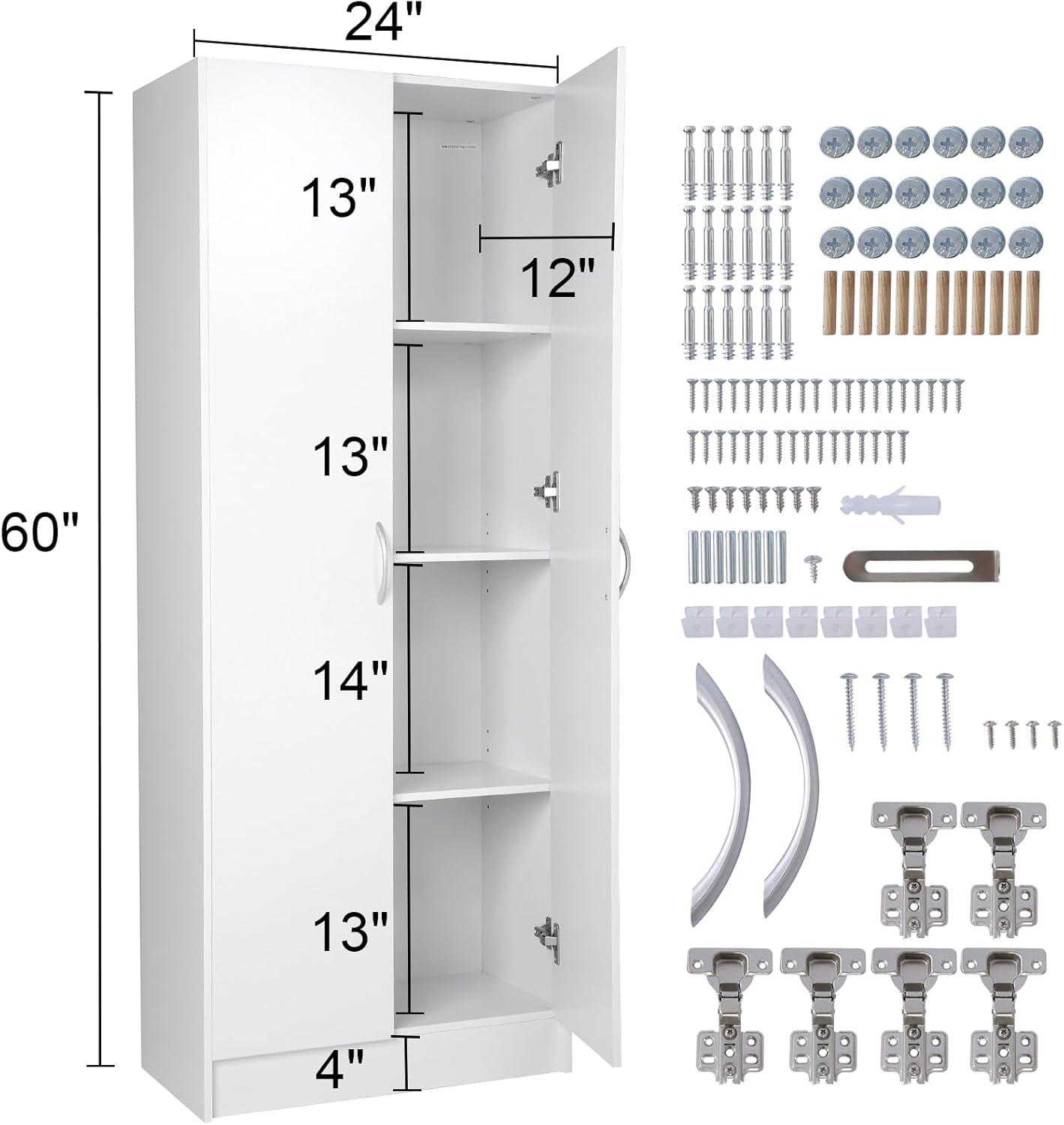 White 60" Tall Freestanding Kitchen Pantry Cabinet with Adjustable Shelves