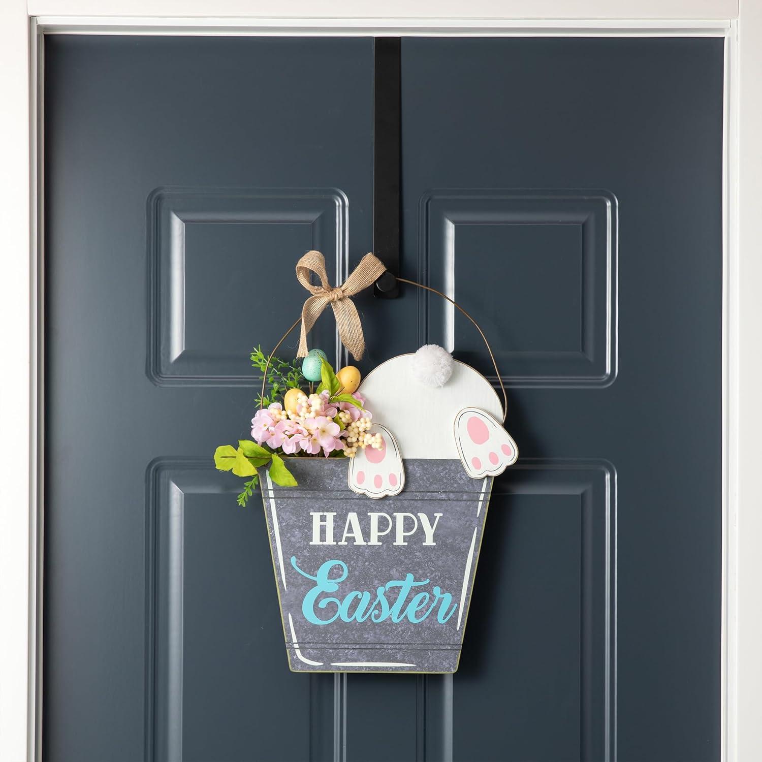 Glitzhome 18 Inch Wooden Easter Bunny Hanging Decoration,"Happy Easter" Rabbit Welcome Sign wood Bunny Eggs Easter Decorations for Door Home Garden Spring Party