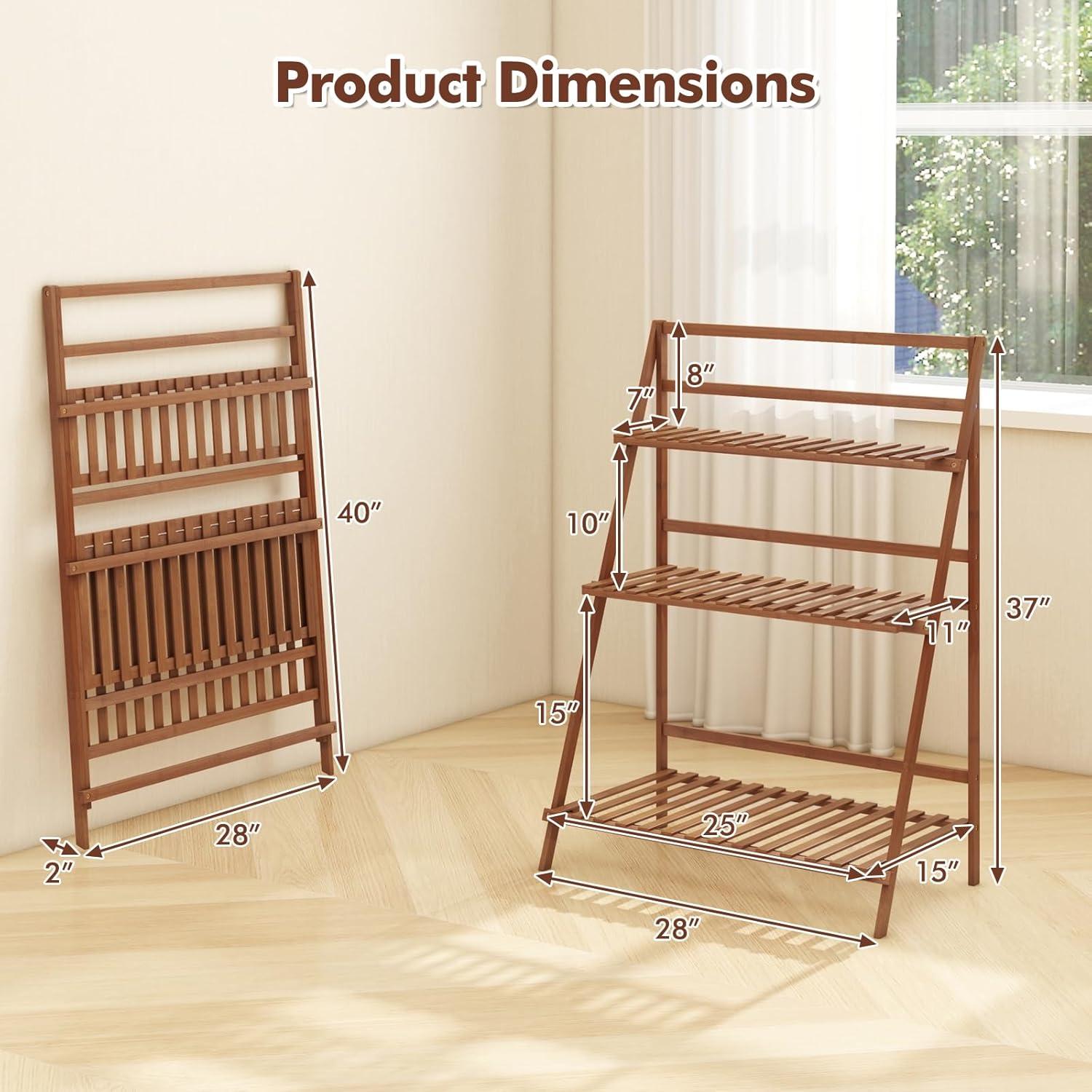 Costway Bamboo Ladder Plant Stand 3-Tier Foldable Flower Pot Display Shelf Rack Natural