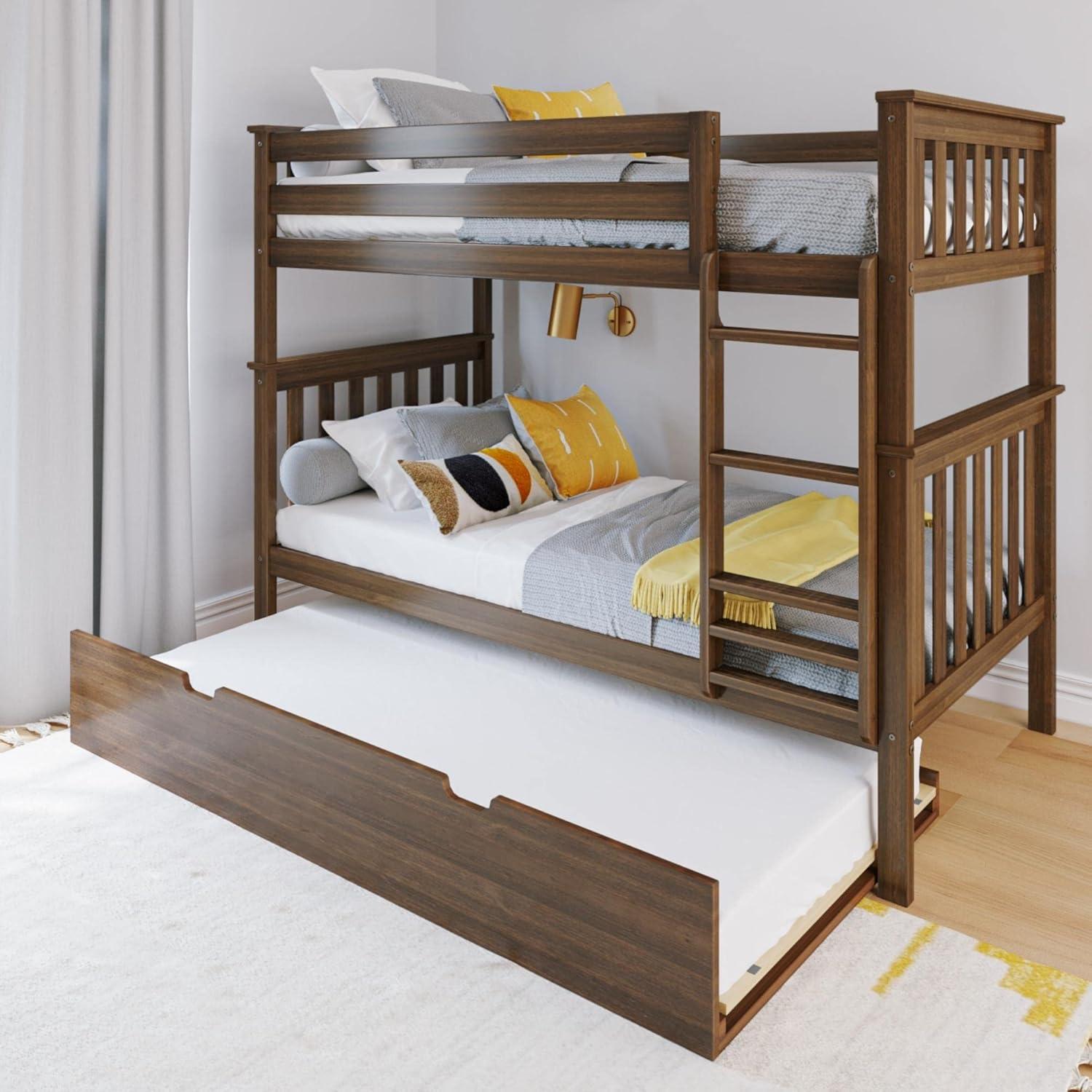 Max & Lily Solid Wood Twin over Twin Bunk Bed with Storage Trundle for Kids, Walnut