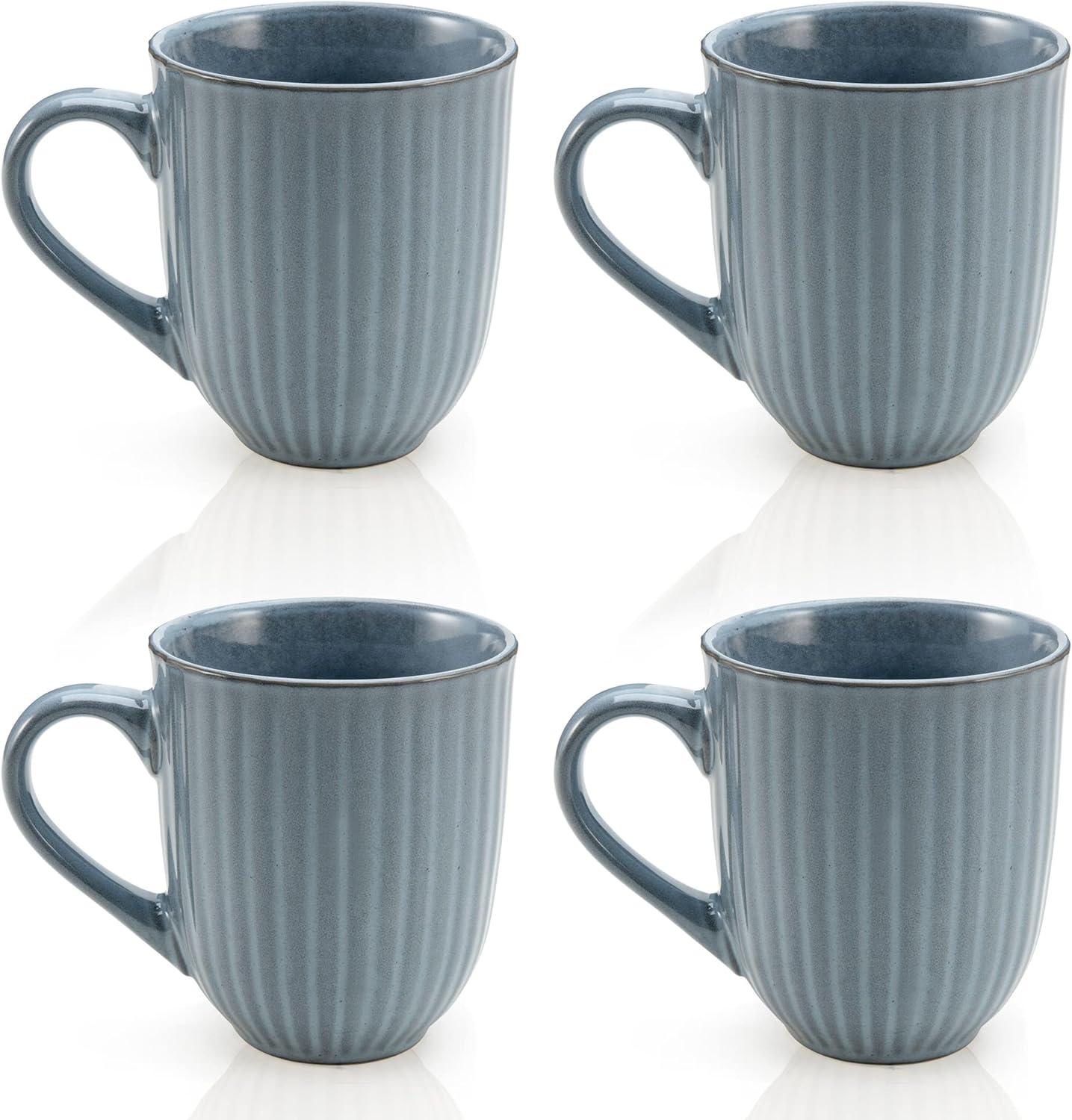 Blue Ribbed Ceramic 14-Ounce Coffee Mug Set of 4