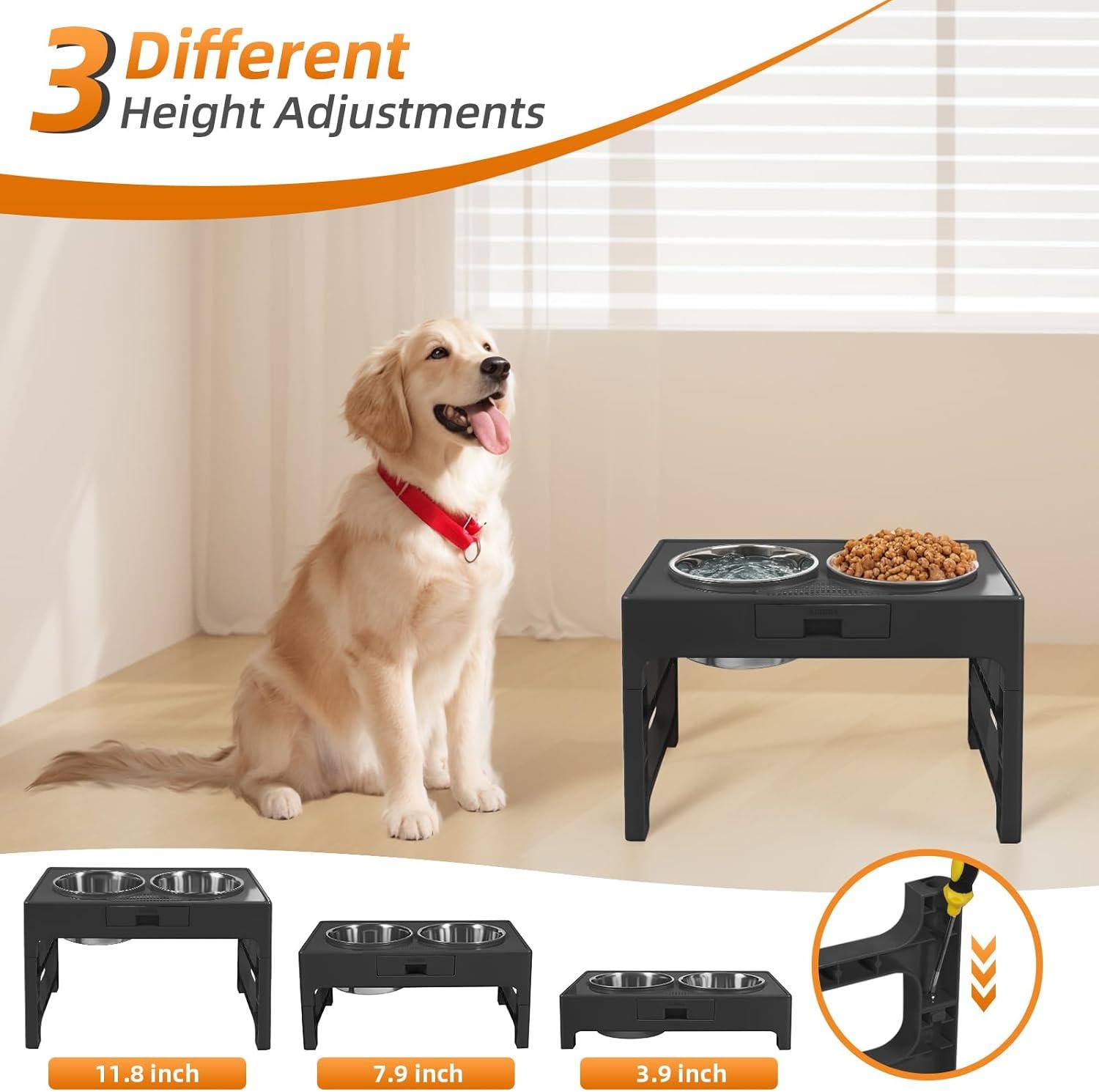 Adjustable Black Particle Board Raised Dog Bowls with Stainless Steel Bowls