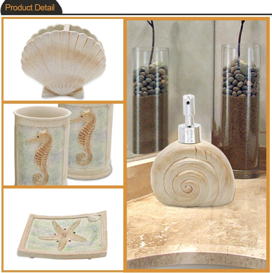 Rosecliff Heights Set, 5 PCS Beach Seashells Ensemble Set Includs Soap Dispenser, Soap Dish, Tumbler, Toothbrush Holder - Ivory Polyresin Set For Home, Office, Superior Hotel | Wayfair