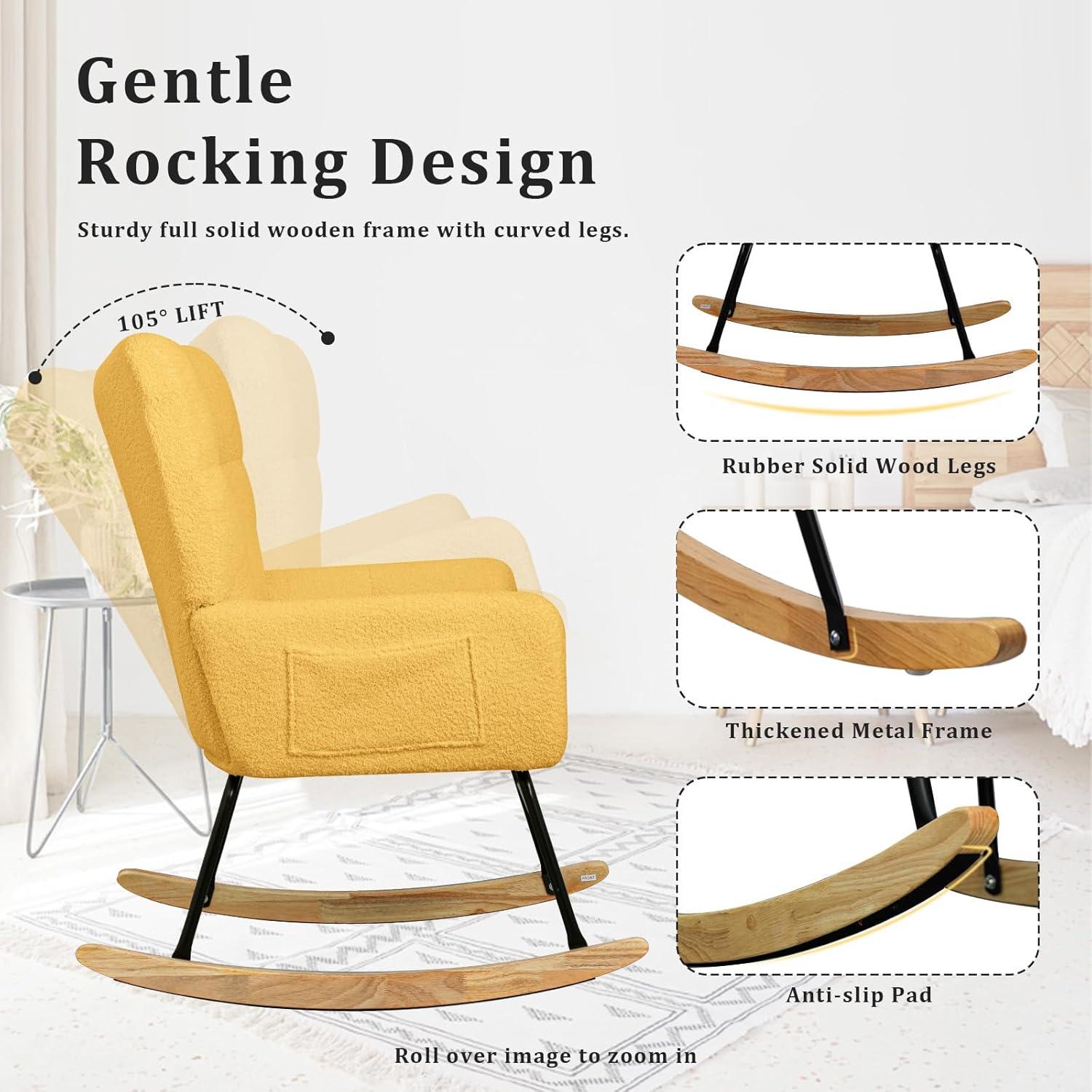 Nursery Rocking Chair Teddy, Upholstered Glider Rocker with High Backrest, Comfortable Stylish Accent Armchair with Padded Seat for Living Rooms, Bedrooms, Offices