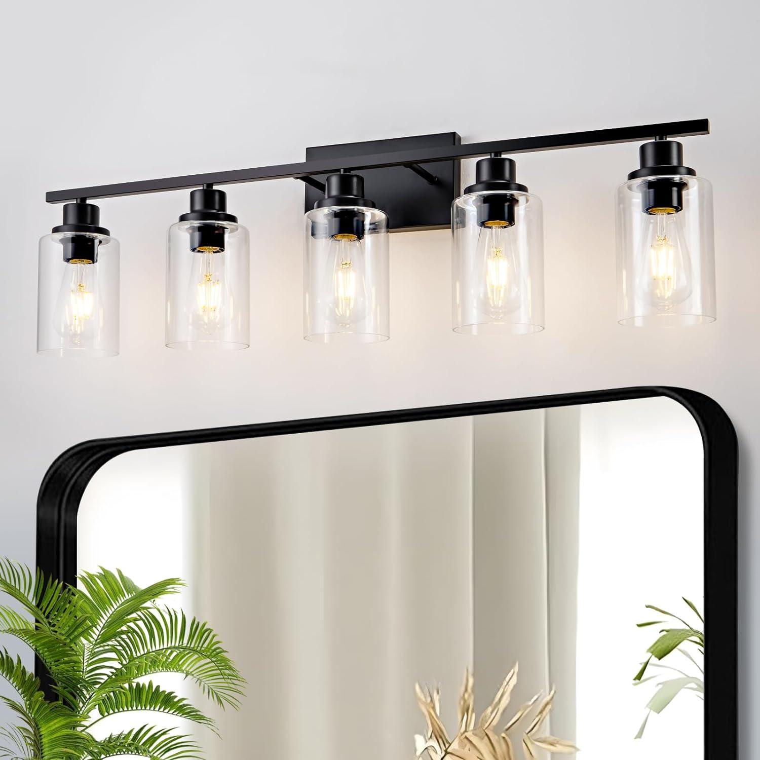 Matte Black 5-Light Bathroom Vanity Fixture with Glass Shades