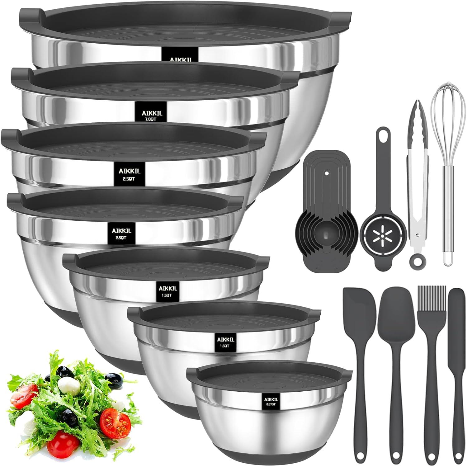 Stainless Steel Nesting Mixing Bowls Set with Lids and Accessories