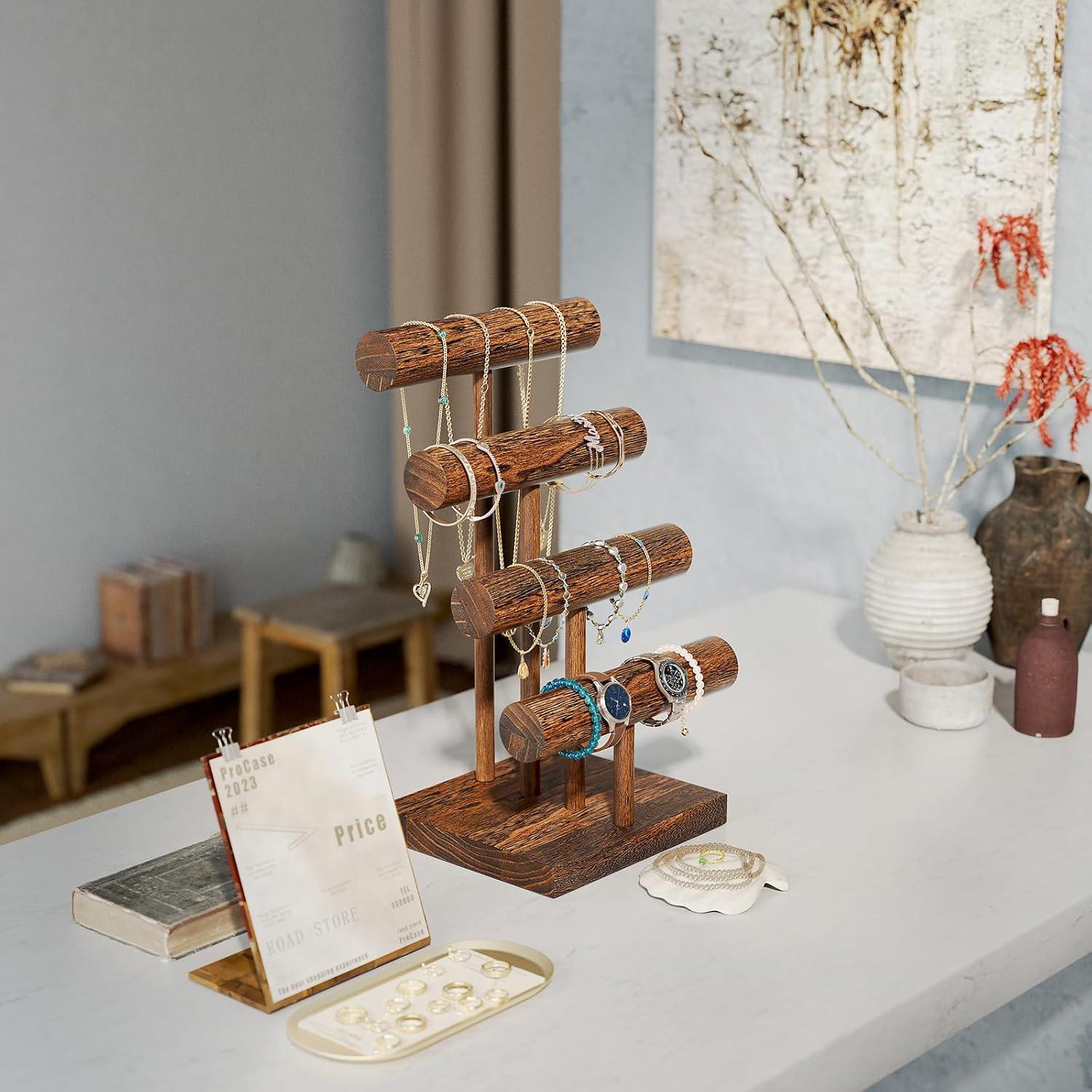 Gracie Oaks Bracelet Holder Display Bracelet Organizer, Wooden Bracelet Stand For Selling, T-Bar Bangle Storage Rack Wood Watch Display Tower For Business - 4 Tier, Brown | Wayfair