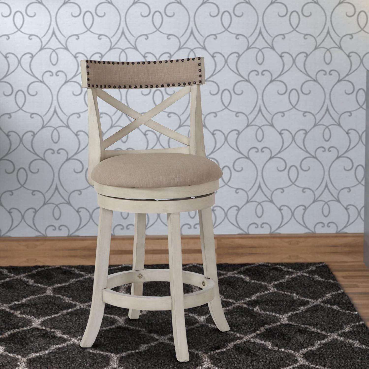 Curved X Shaped Back Swivel Counter Stool with Fabric Padded Seating, Antique White