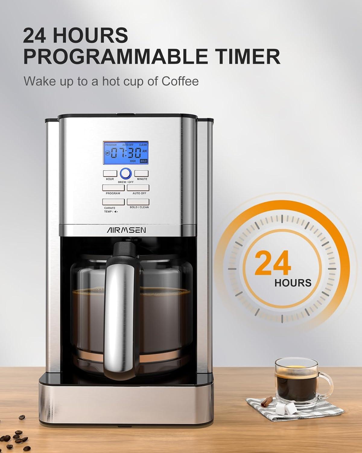 AIRMSEN Stainless Steel 12 Cup Drip Coffee Maker, Programmable Coffee Machine Self-Cleaning