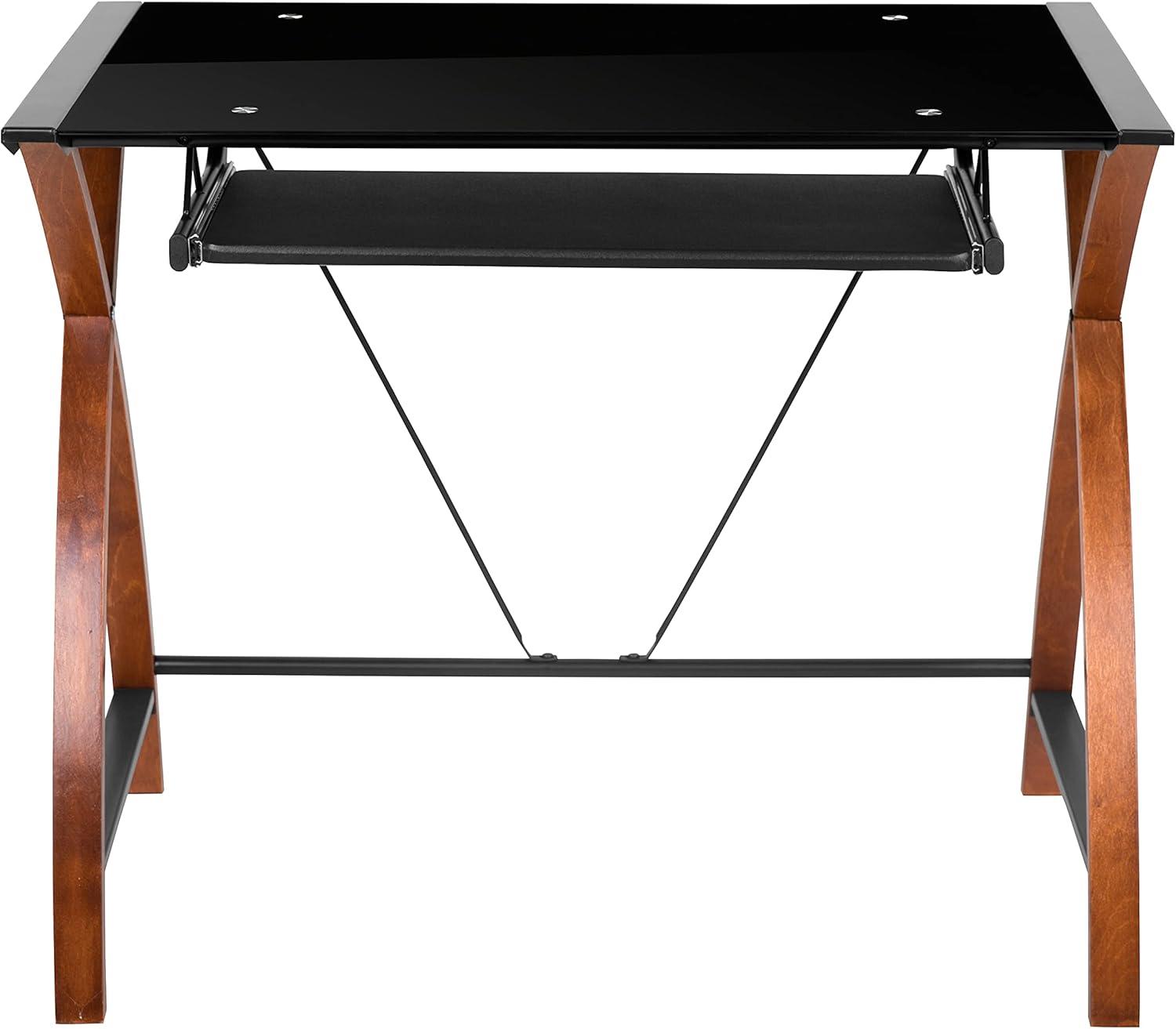 Flash Furniture Jude Black Glass Computer Desk with Pull-Out Keyboard Tray and Crisscross Frame