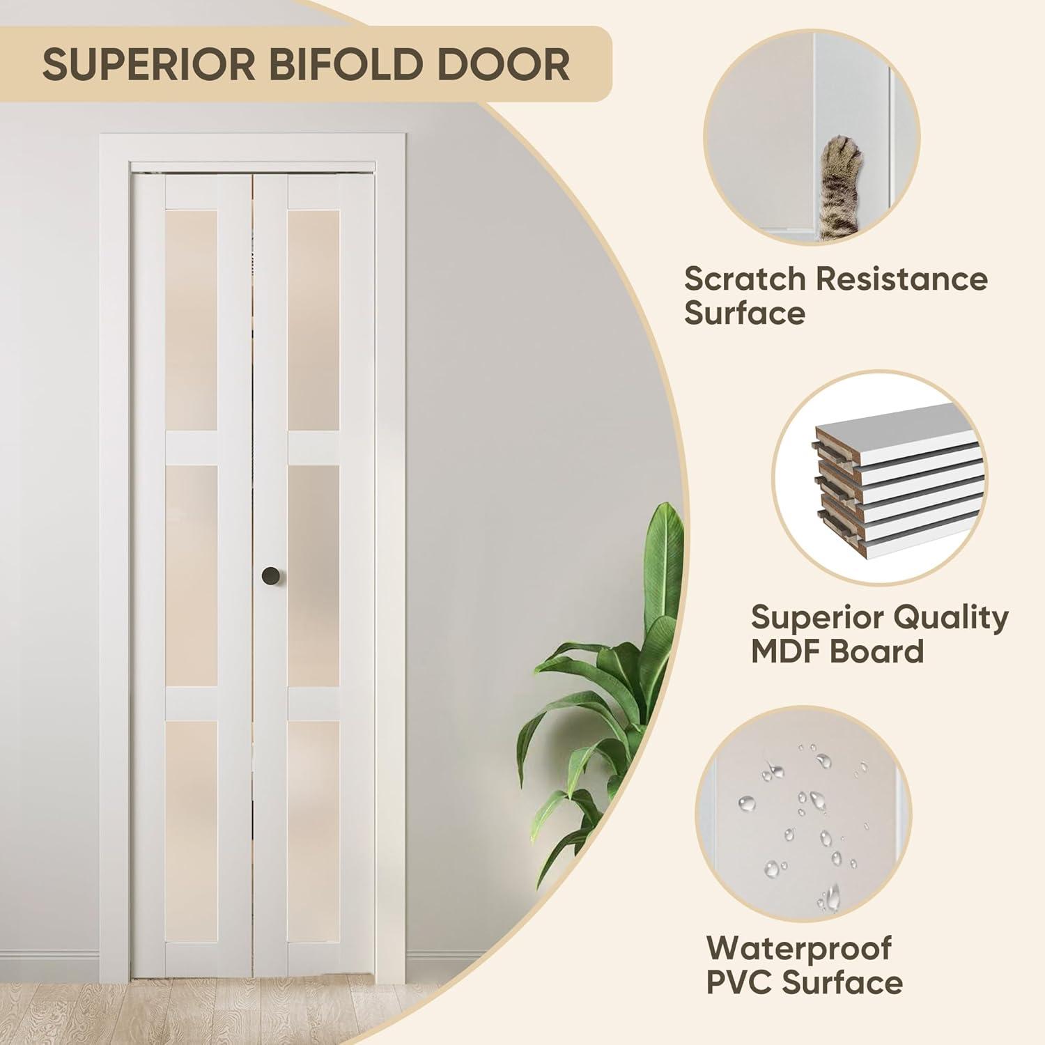 Home Worthy 3 Frosted  Lite Glass Bi-Fold Door With Installation Hardware Kit  And Handle