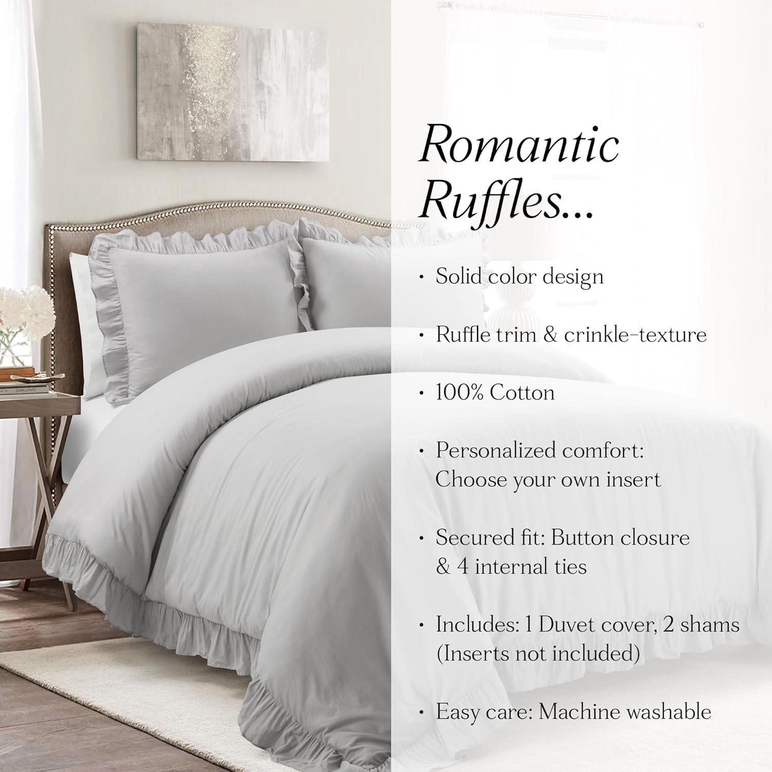 Lush Décor 3pc Full/Queen Reyna 100% Cotton Duvet Cover Set Light Gray: Chic Bedding with Ruffles, No Closure Design