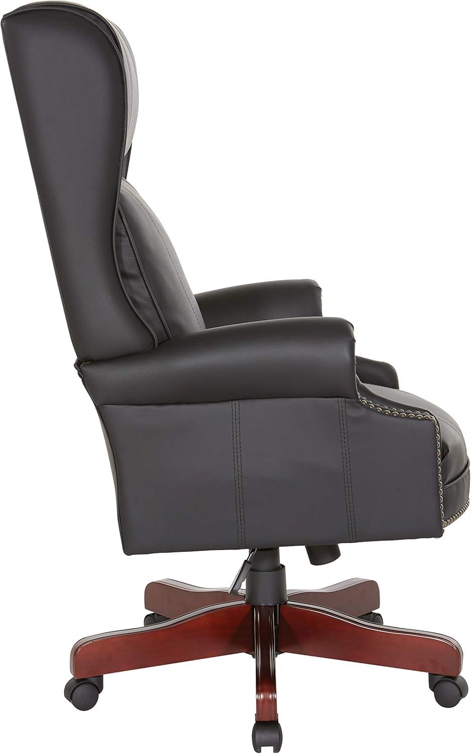 Traditional High Back Executive Chair in Black Leather with Brass Accents