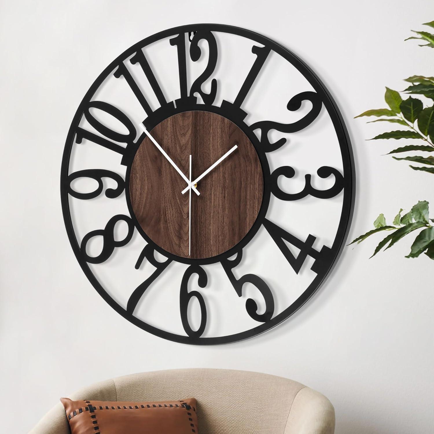 Oversized Black and Wood Silent Vintage Modern Wall Clock